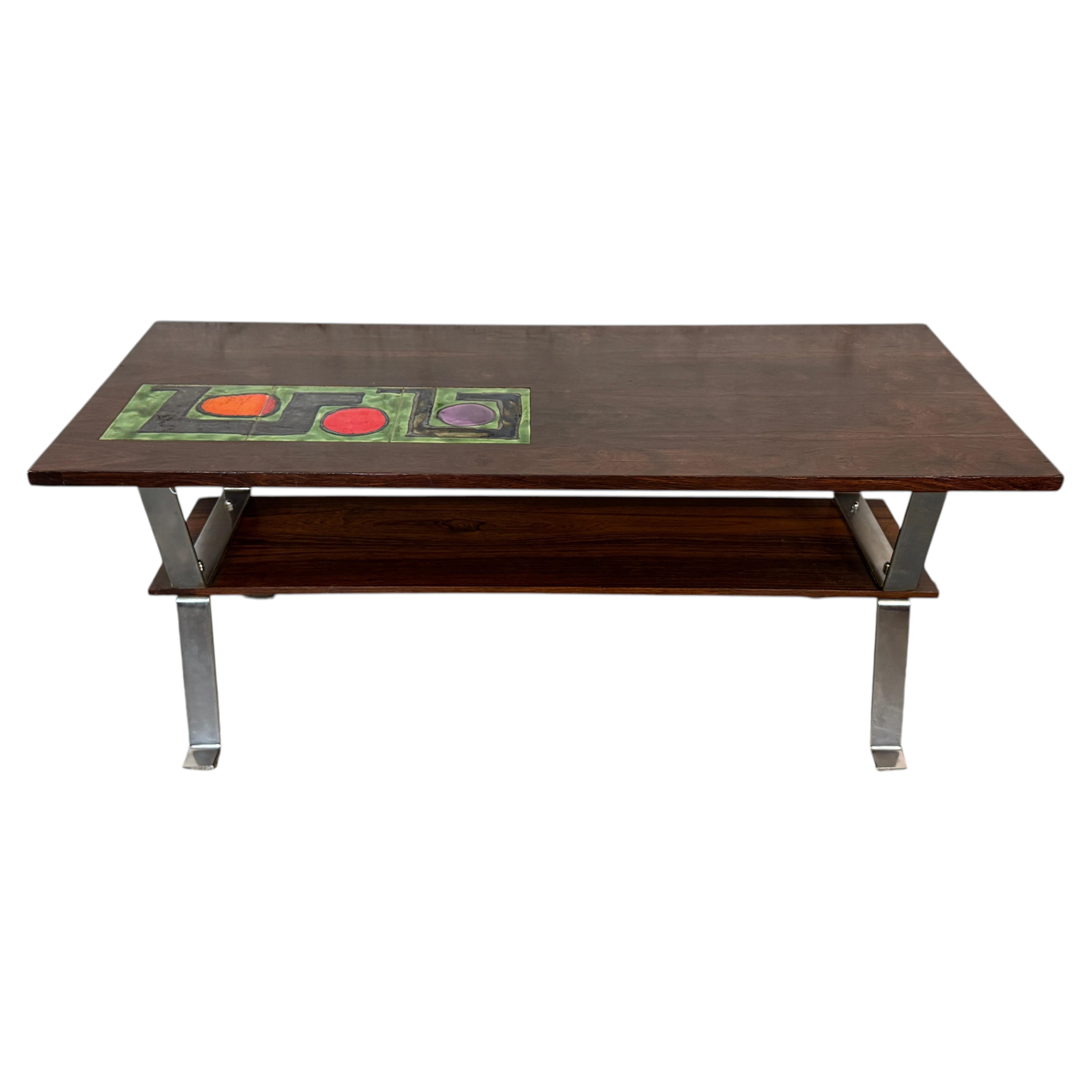 Mid-Century Modern Rosewood & Chrome Coffee Table with Ceramic Tile Inlay For Sale