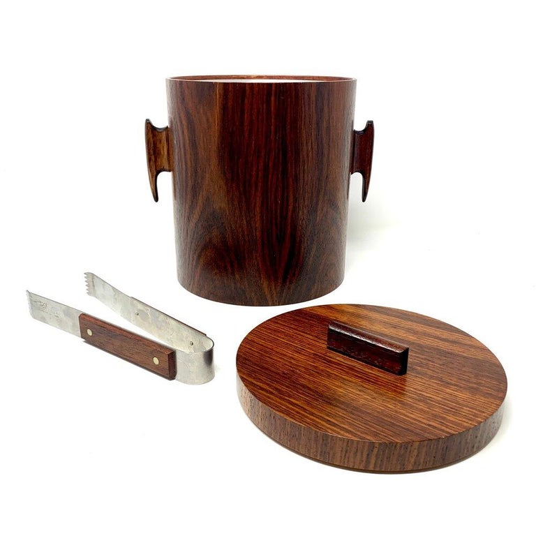 MidCentury Modern Rosewood Ice Bucket and Tongs in the Style of Jean