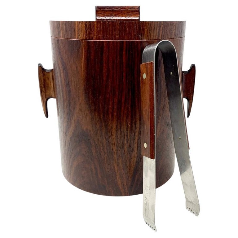 MidCentury Modern Rosewood Ice Bucket and Tongs in the Style of Jean