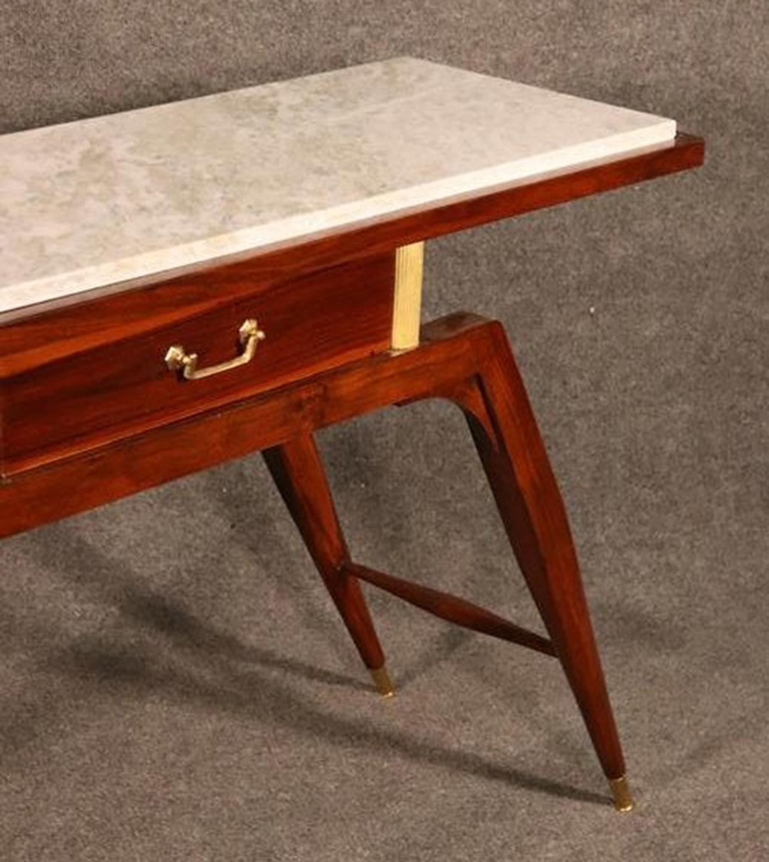 Mid-Century Modern Rosewood Italian Marble-Top Console Table with Drawer In Good Condition In Swedesboro, NJ