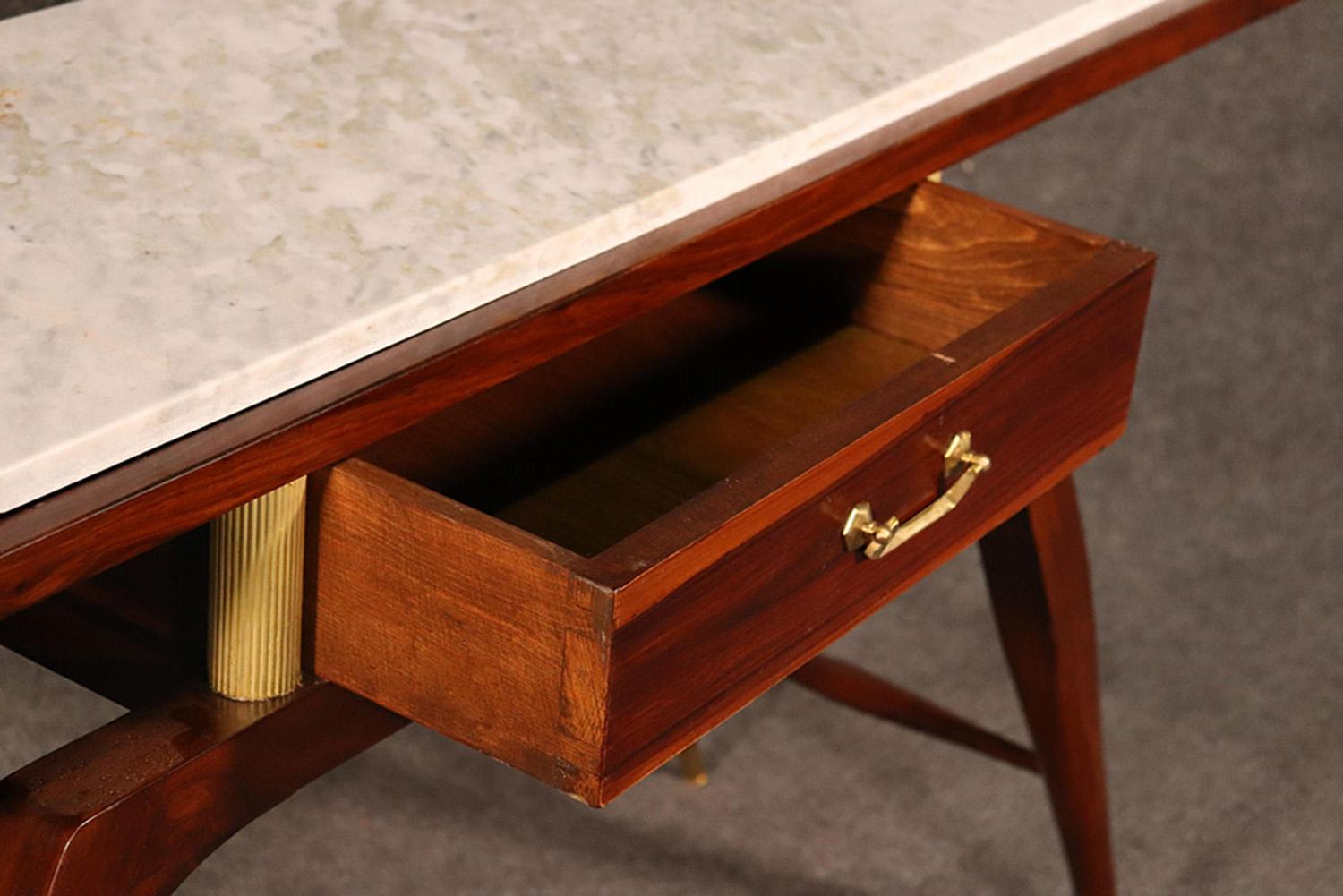 Mid-20th Century Mid-Century Modern Rosewood Italian Marble-Top Console Table with Drawer