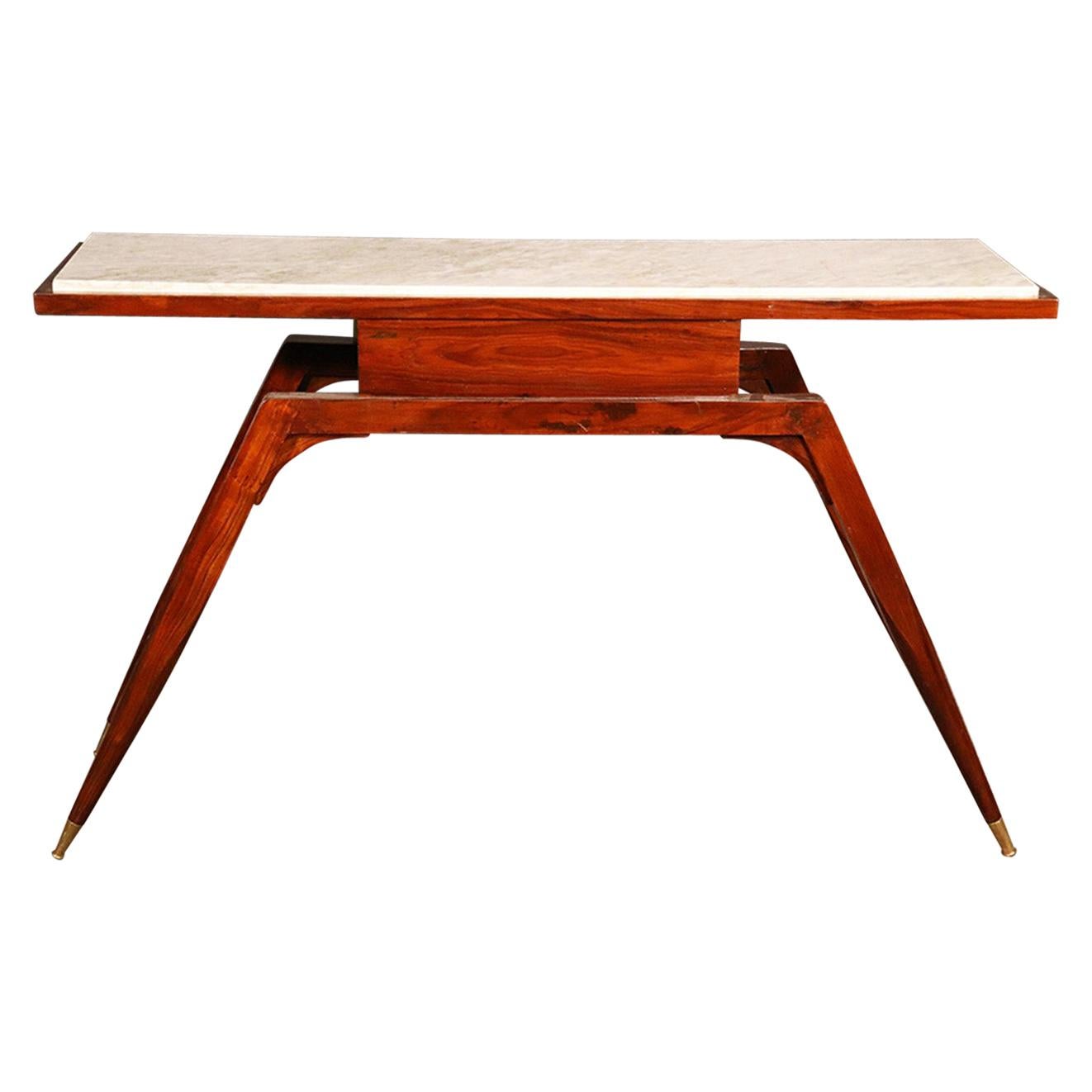 Mid-Century Modern Rosewood Italian Marble-Top Console Table with Drawer