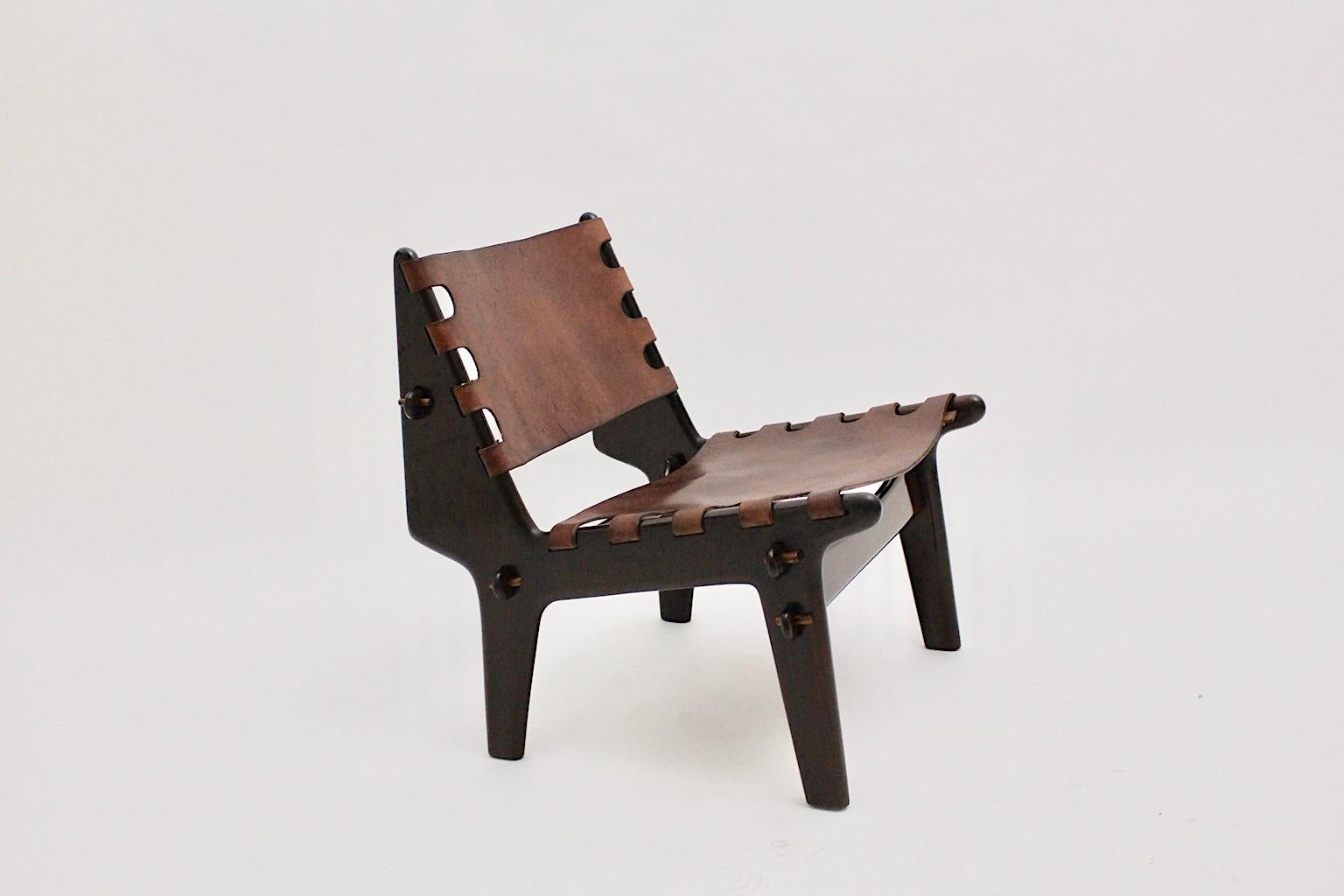 Stained Mid-Century Modern Beechwood Leather Lounge Chair by Angel Pazmino, 1960s