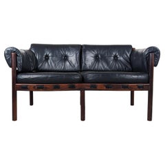 Retro Mid Century Modern Leather & Rosewood Loveseat by Arne Norell, c1960s