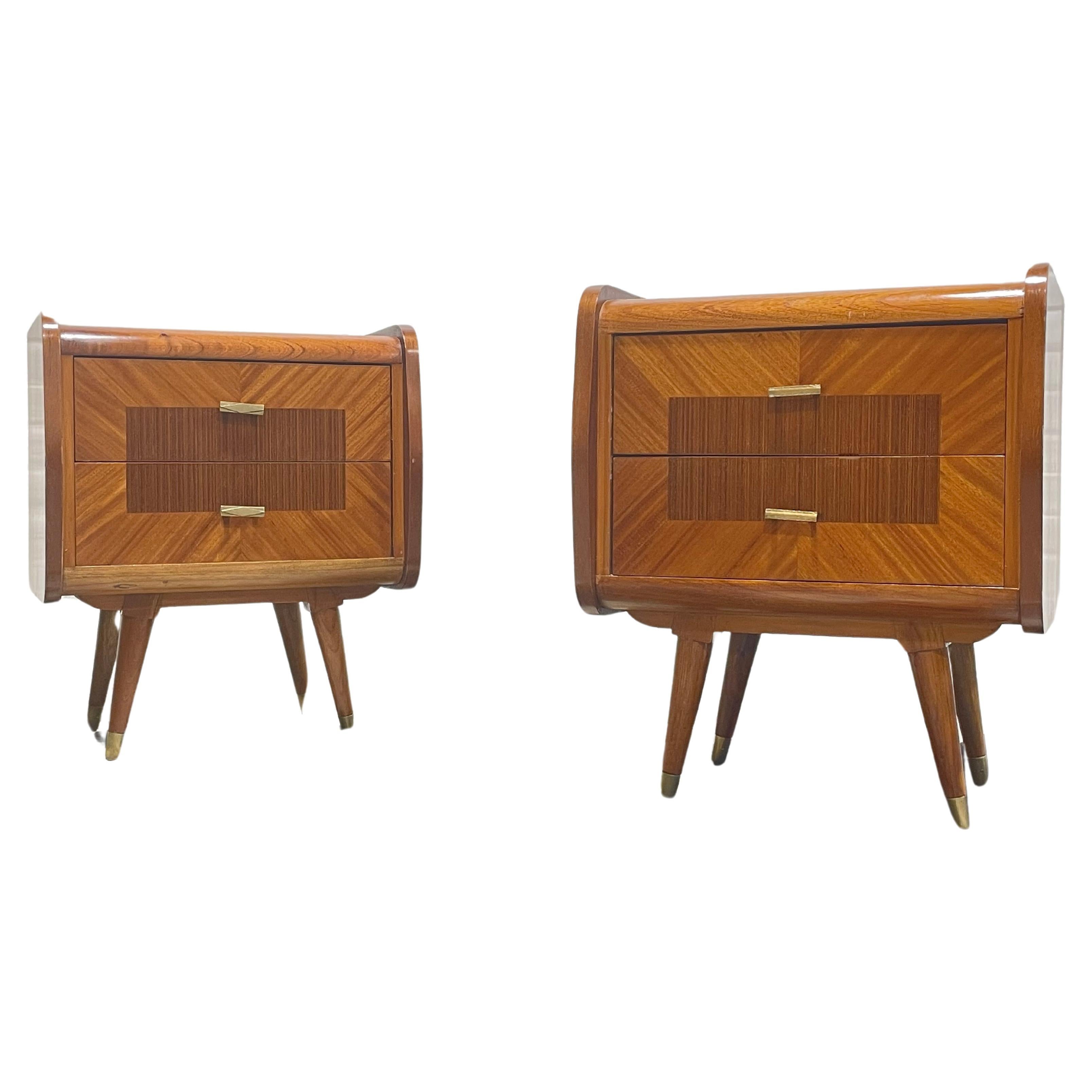 Mid Century MODERN Palisander + Mahagoni Französisch NIGHTSTANDS, ca. 1950er Jahre