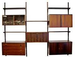 Mid-Century Modern Rosewood Shelving Wall Unit Five-Drawer Seven-Shelf