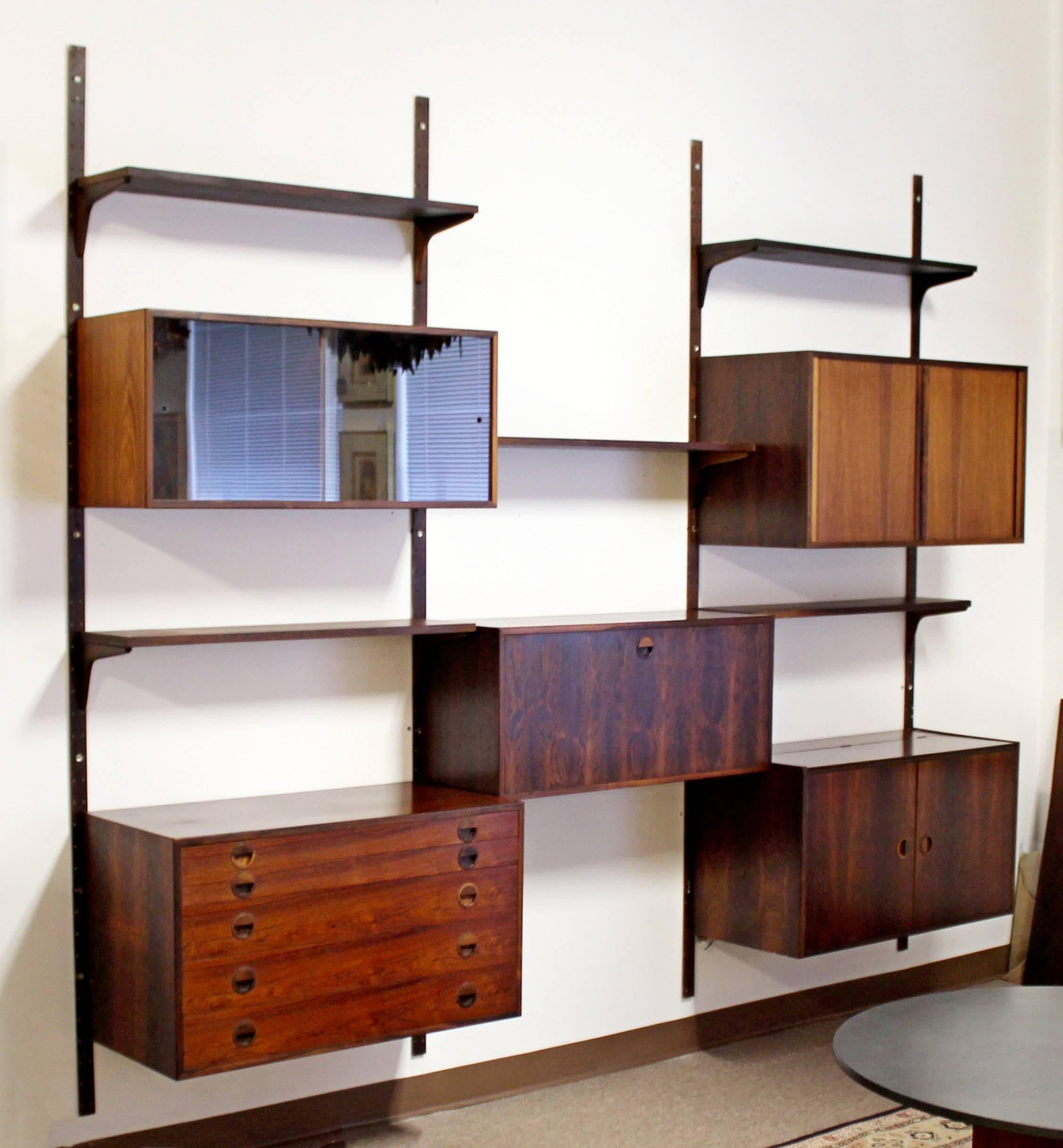 Danish Mid-Century Modern Rosewood Shelving Wall Unit Five-Drawer Seven-Shelf