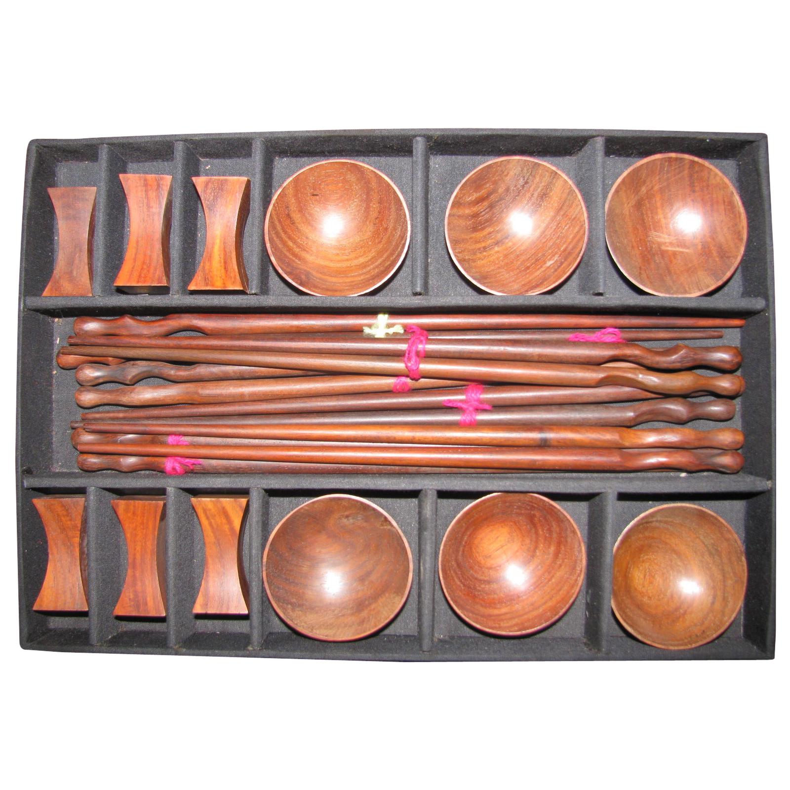 Mid-Century Modern Rosewood Sushi Set for Six 26 Pieces