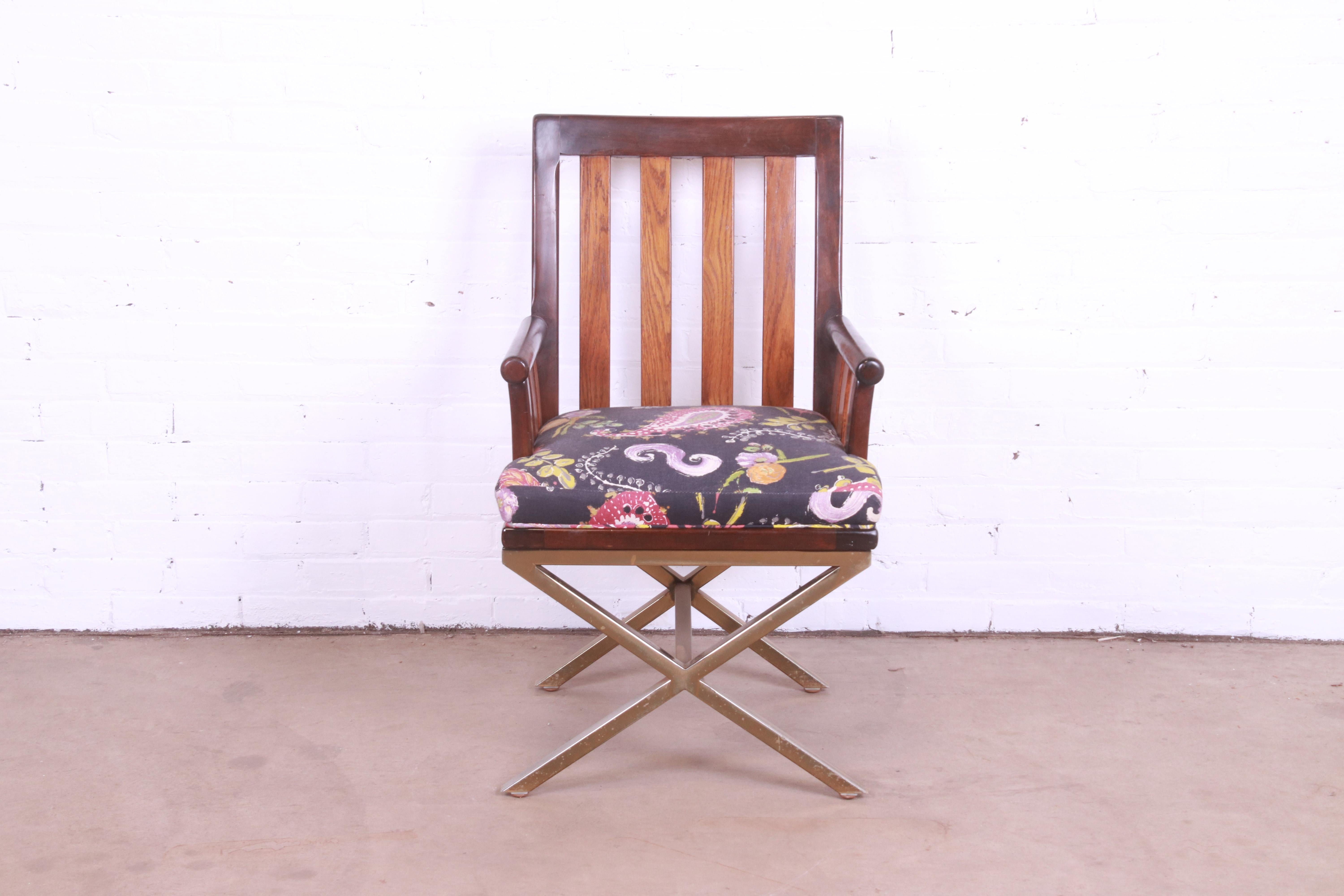 A beautiful Milo Baughman style club chair or director's chair

Circa 1970s

Solid rosewood frame, with teak slats, upholstered seat, and brass finished 