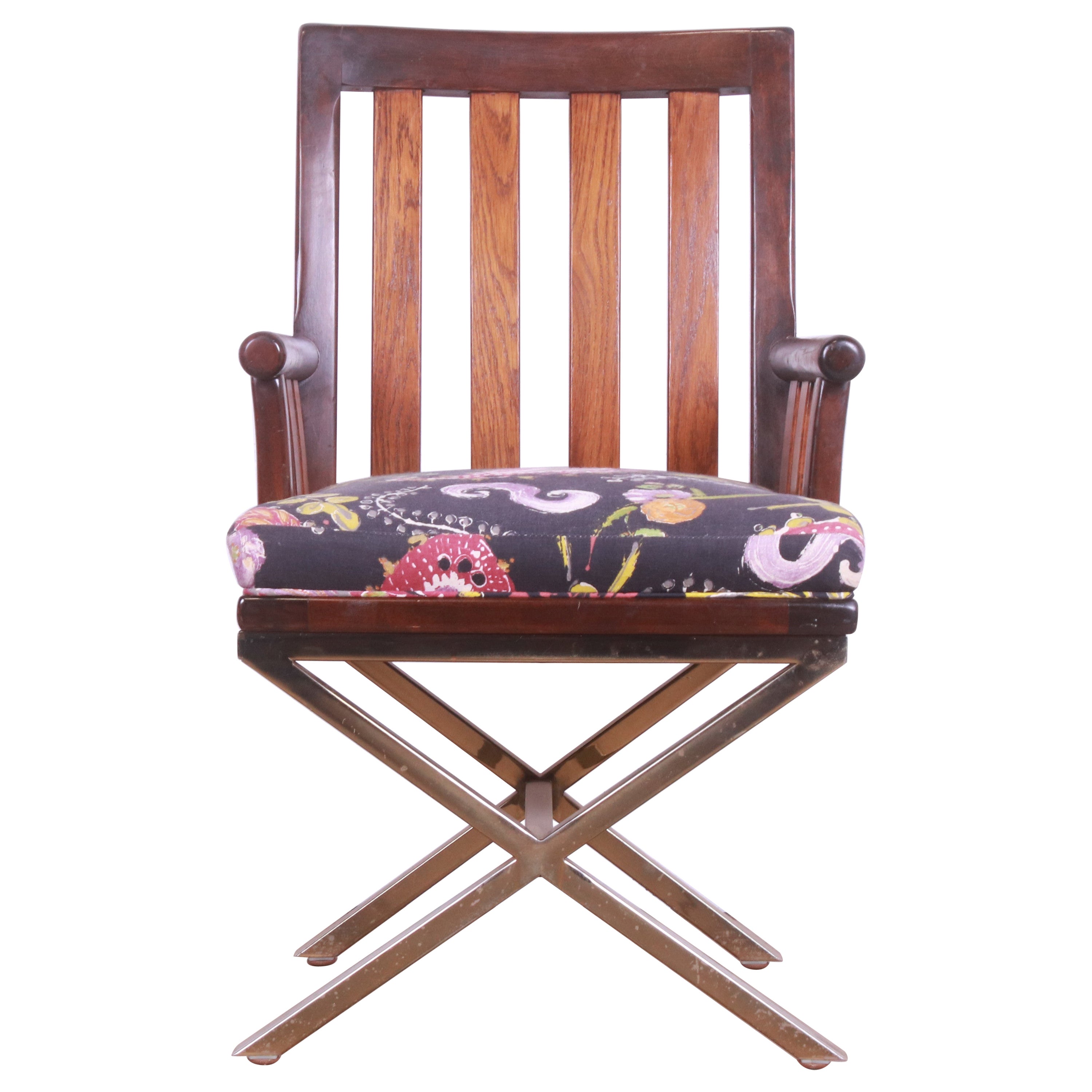 Mid-Century Modern Rosewood, Teak, and Brass X-Base Armchair, circa 1970s