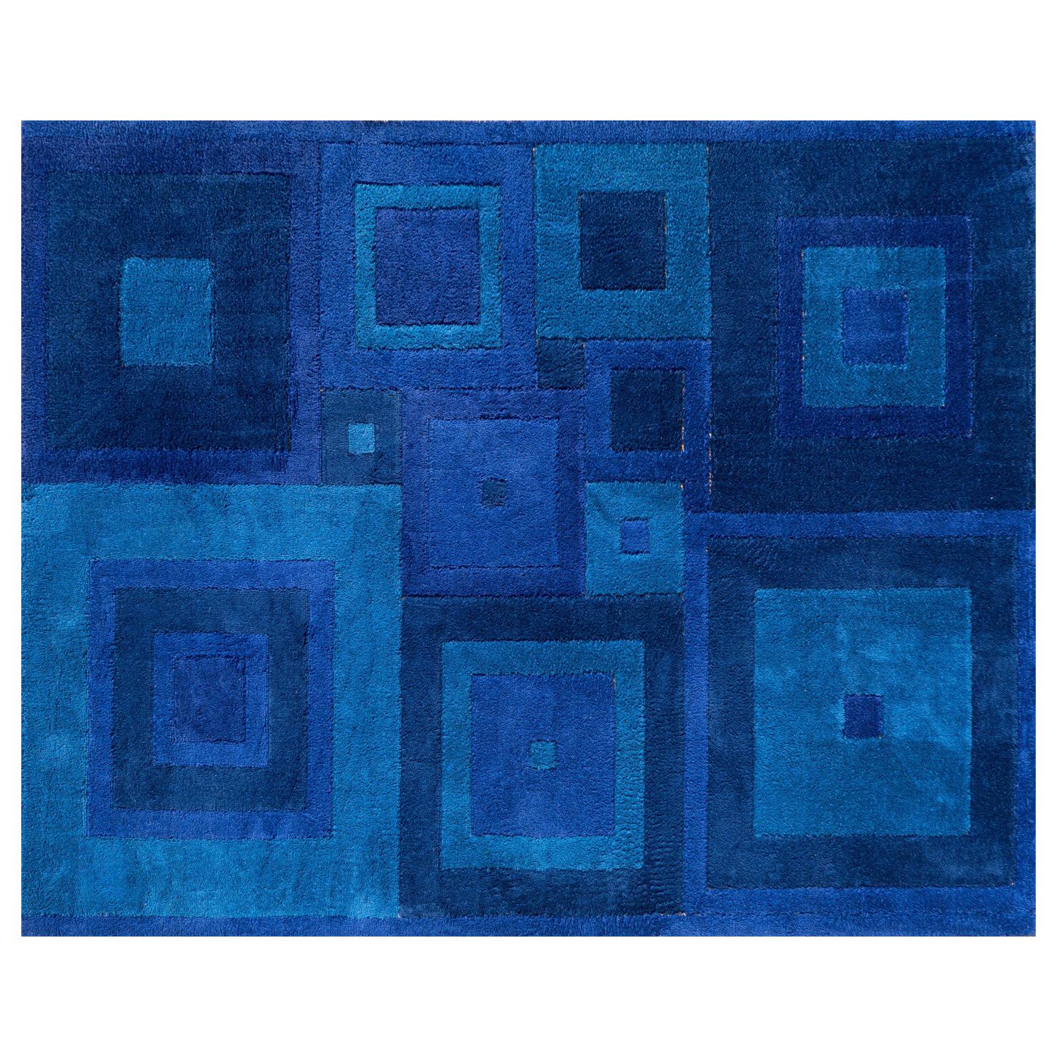 Tapis bleu « Square Dance » de Ross Littell, de style moderne du milieu du siècle dernier, années 1960