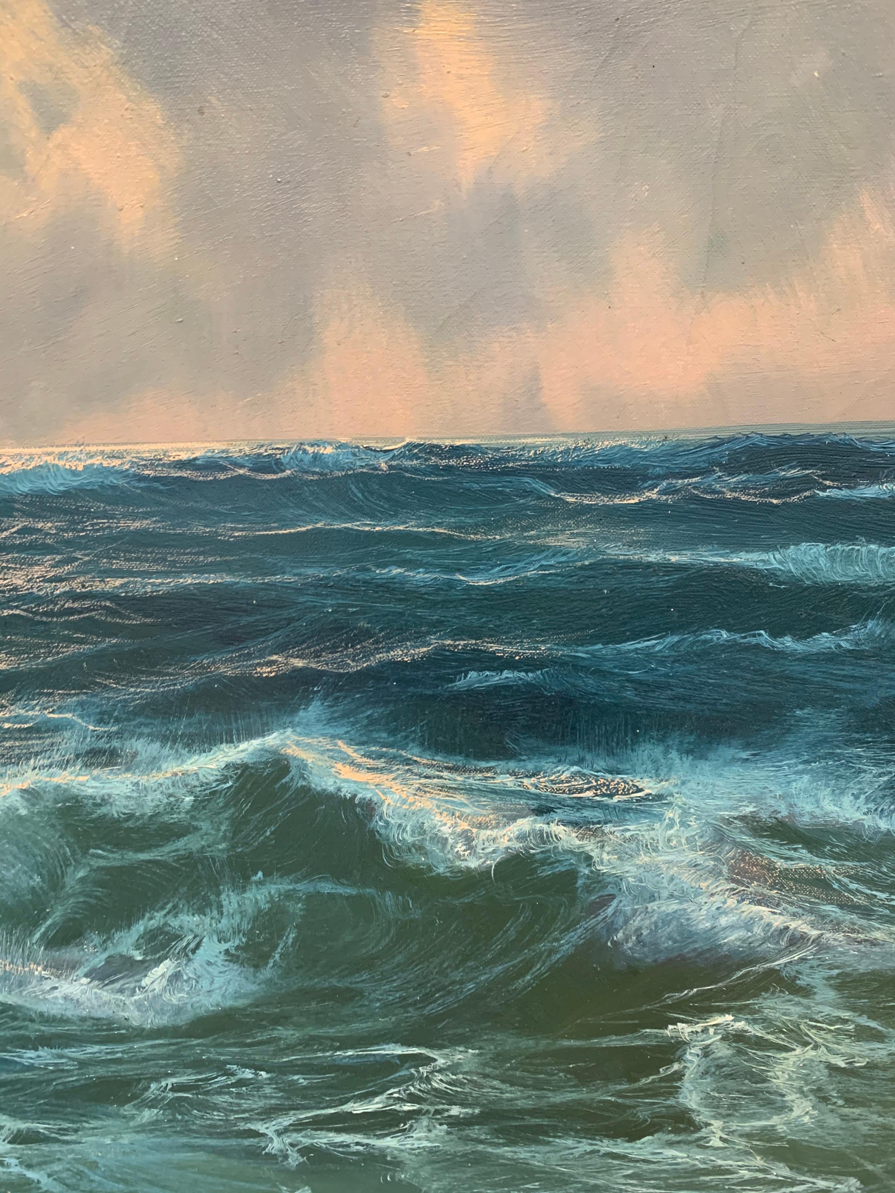 American Mid-Century Modern Rough Seas Landscape Oil Painting Signed