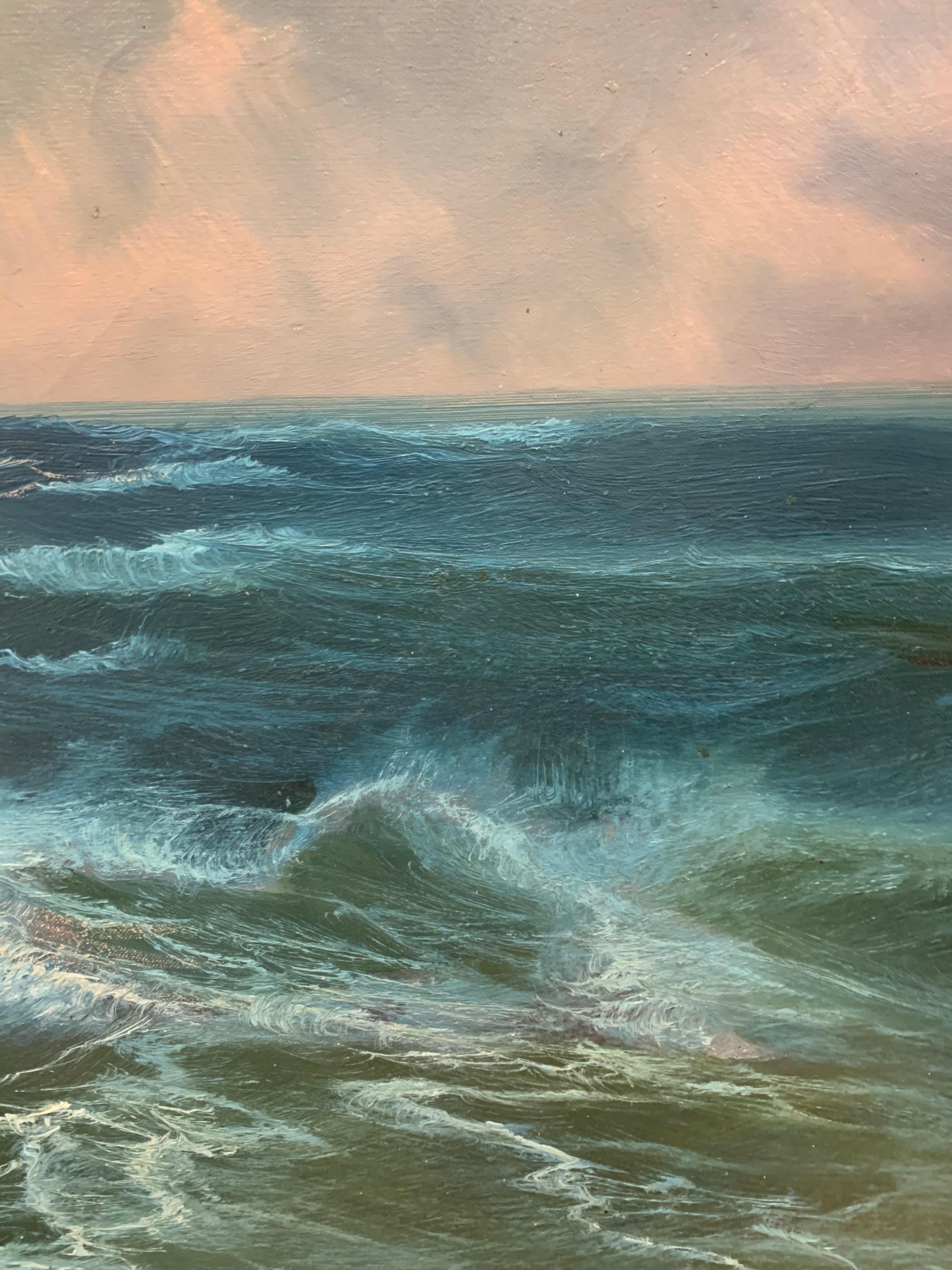 Mid-Century Modern Rough Seas Landscape Oil Painting Signed In Good Condition In West Hartford, CT