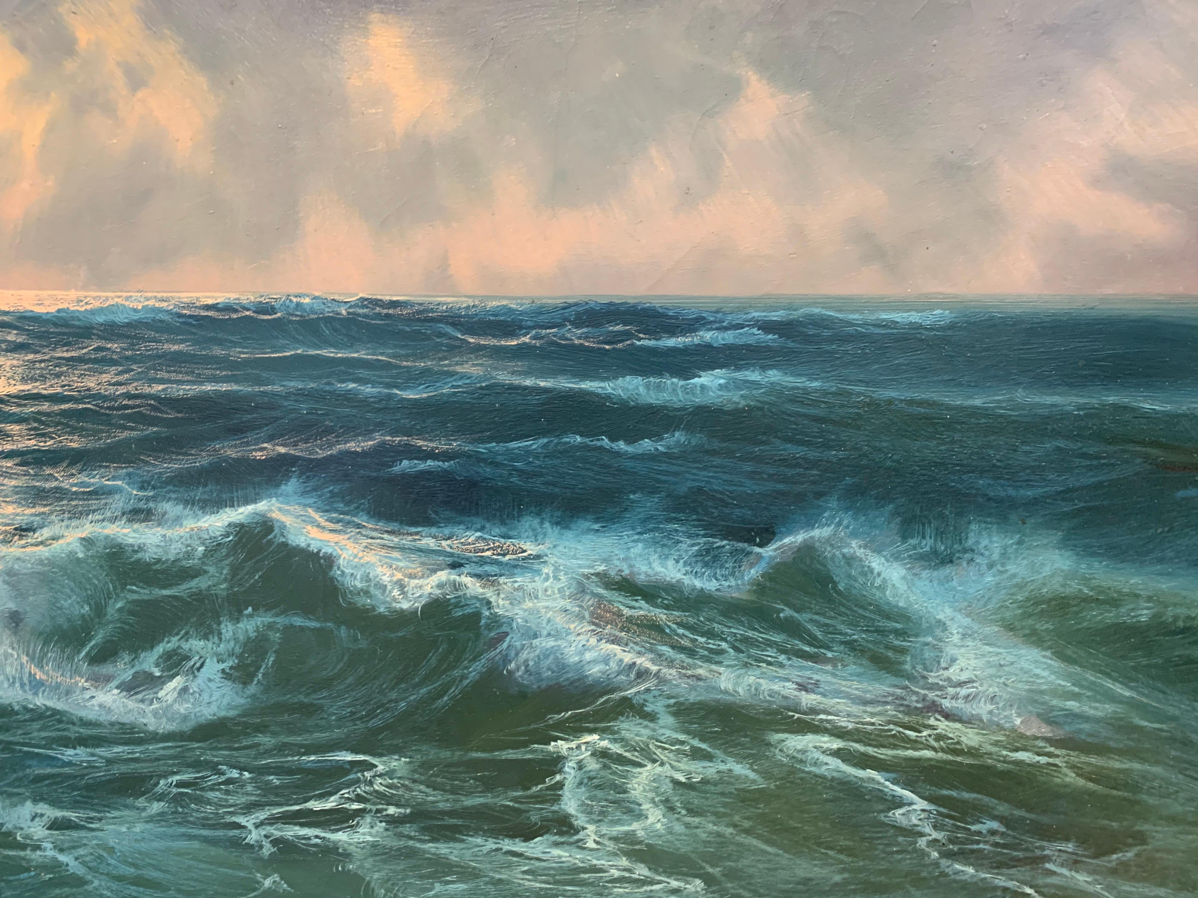 Mid-20th Century Mid-Century Modern Rough Seas Landscape Oil Painting Signed