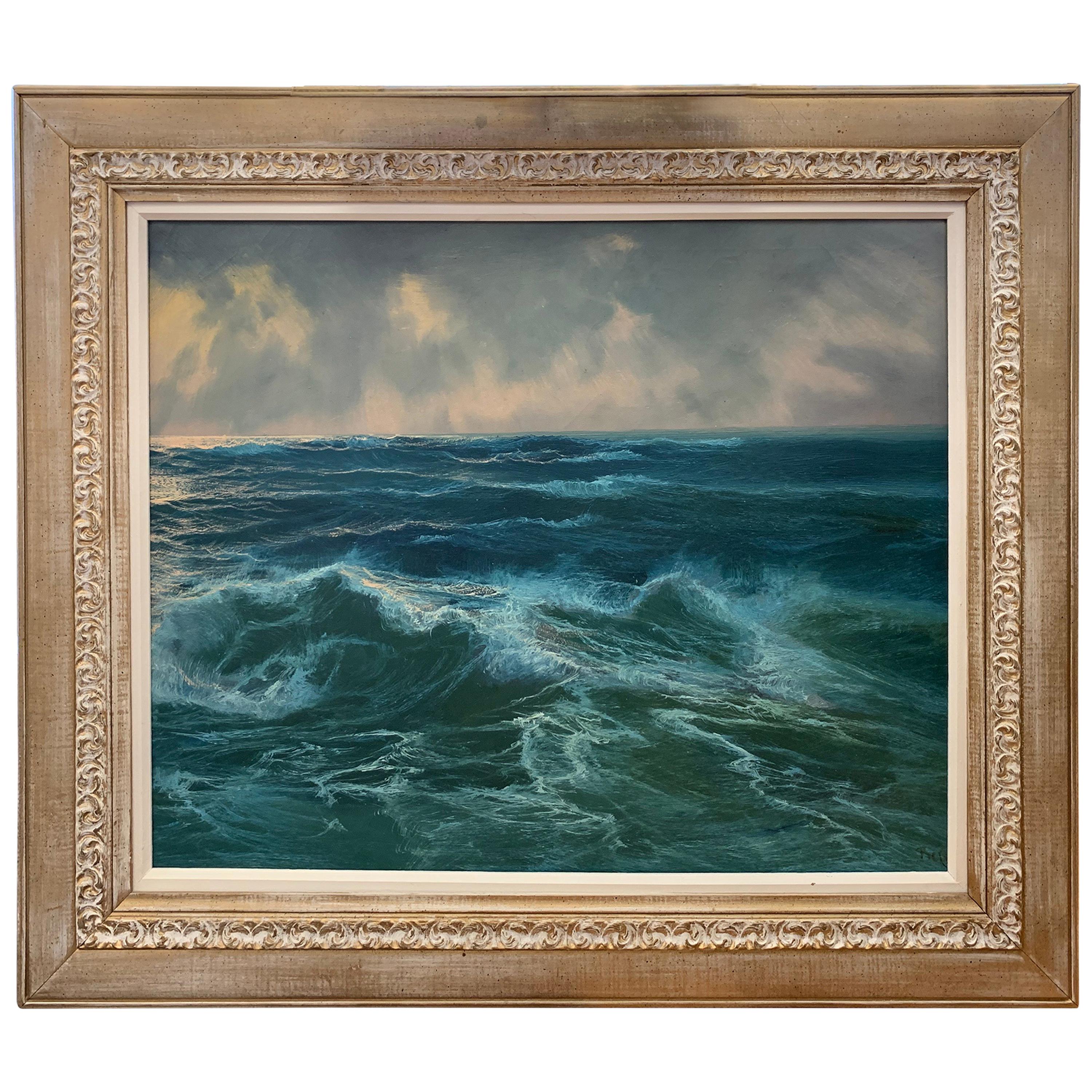 Mid-Century Modern Rough Seas Landscape Oil Painting Signed