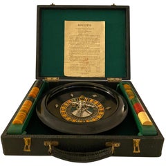 Mid-Century Modern Roulette Set with Bakelite Handle and Chips in Leather Case