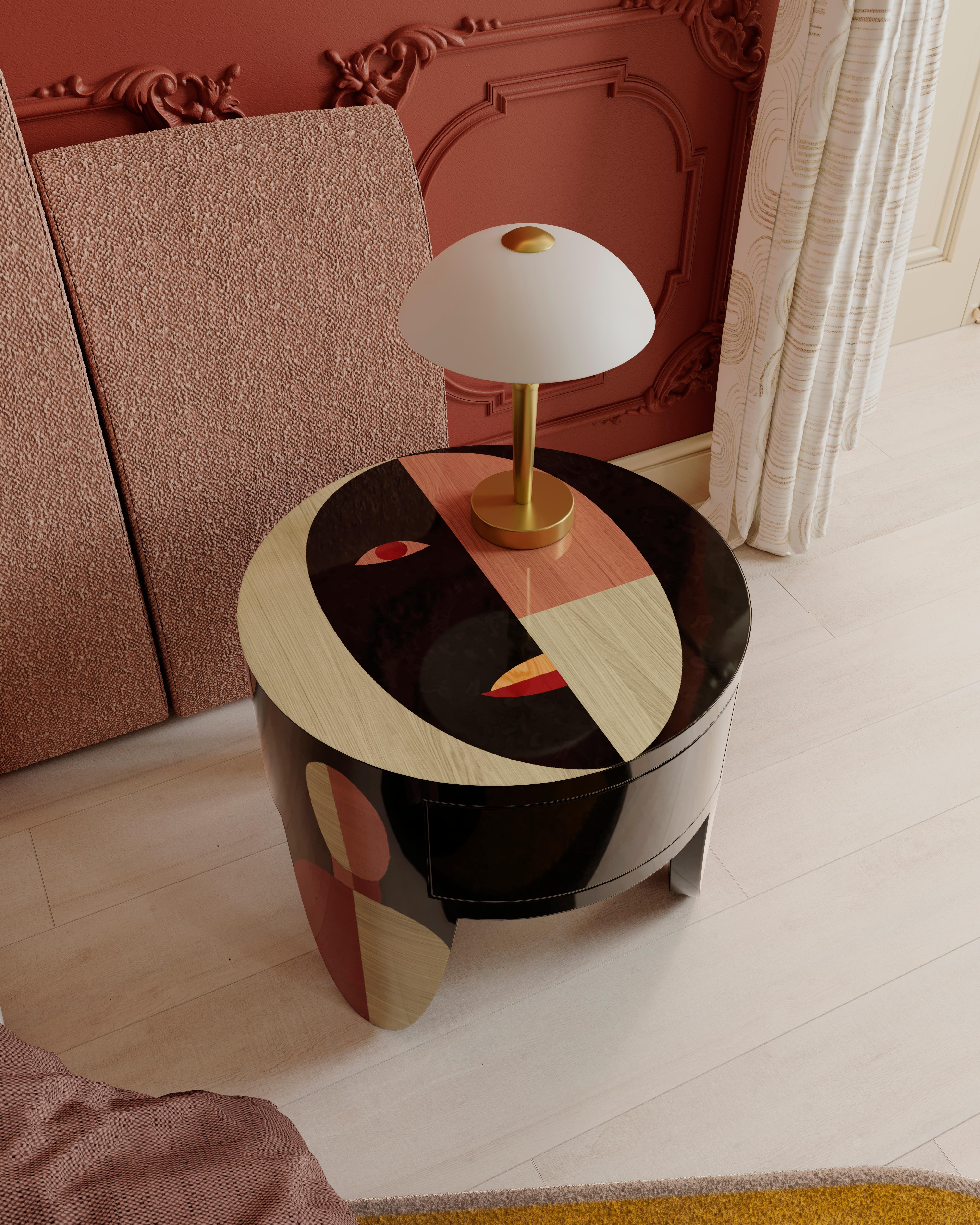 Contemporary Mid-Century Modern Round Bedside Table Black Geometric Pattern Wood Nightstand For Sale