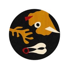 Mid-Century Modern Round Bedside Table Black Yellow Wood Marquetry