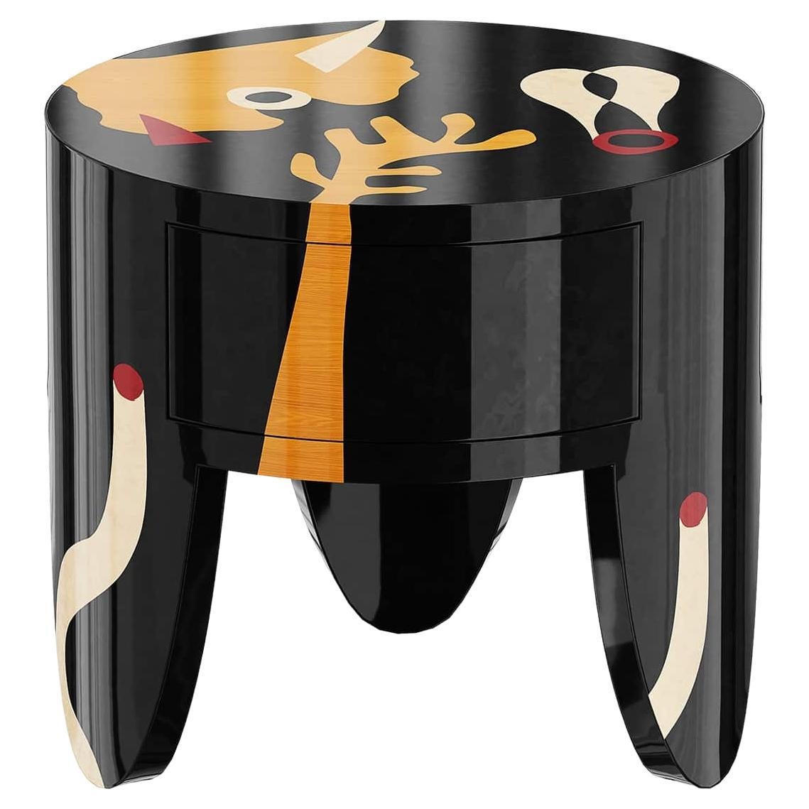 Mid-Century Modern Round Bedside Table Black Yellow Wood Marquetry For Sale