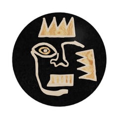 Mid-Century Modern Round Bedside Table Abstract Black Yellow Wood One Drawer