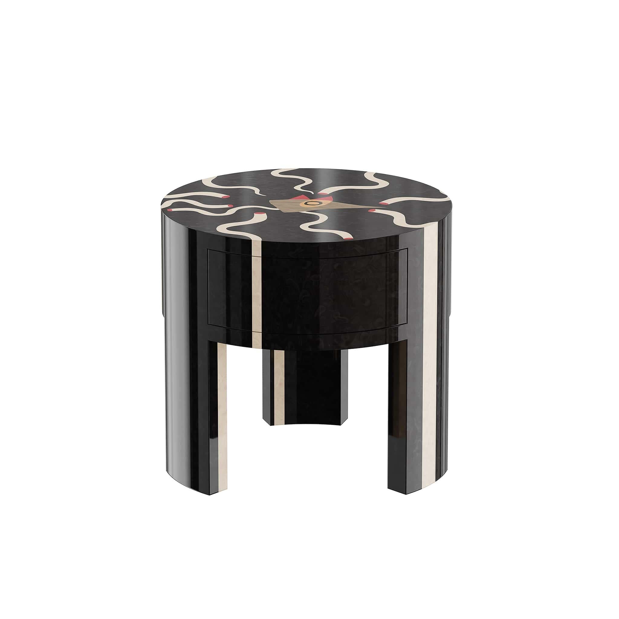Birds Bedside Table is hand-crafted and boldly decorated using marquetry. Featuring one drawer, its round silhouette with contrasting colors enhances any modern bedroom design.
A captivating and modern bedside table, exquisitely designed with a
