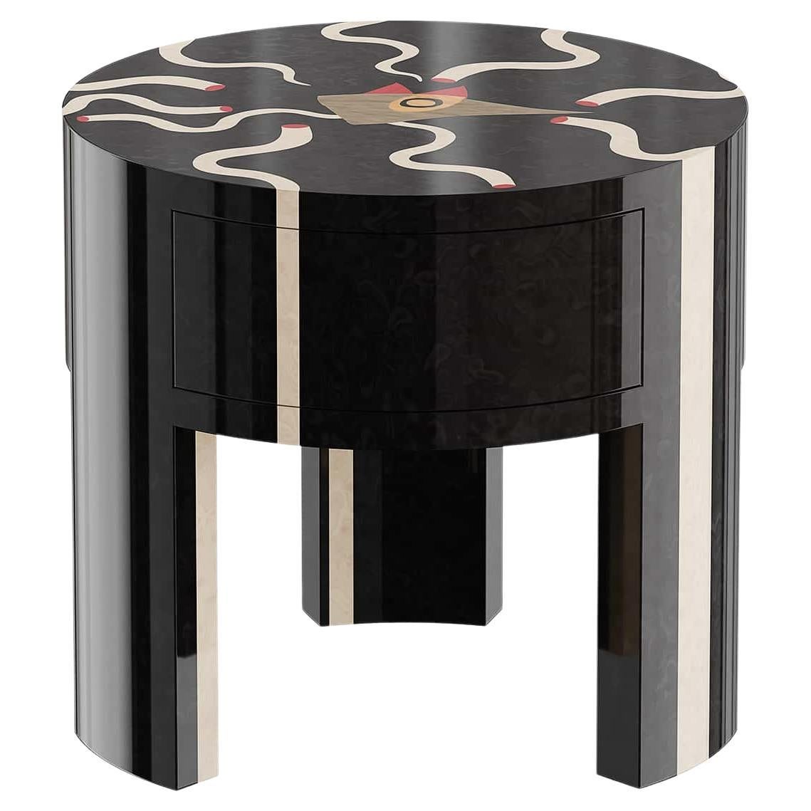 Modern Organic Oval Round Bedside Table Surrealist Figures Wood Marquetry Black For Sale