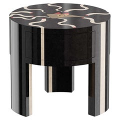 Antique Modern Organic Oval Round Bedside Table Surrealist Figures Wood Marquetry Black