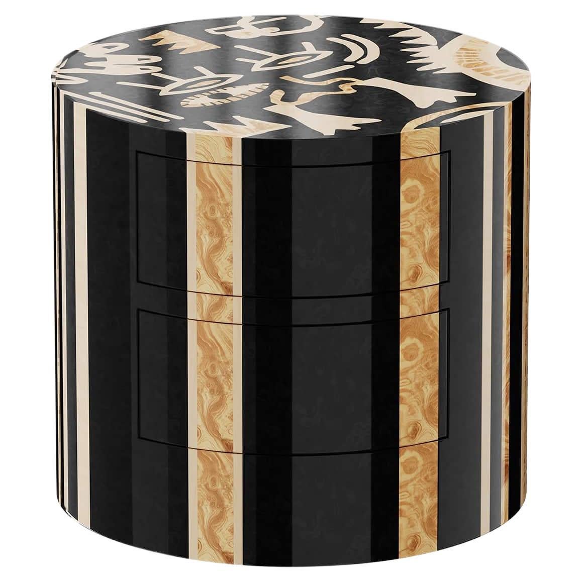 Table de chevet ronde moderne du milieu du siècle, noire, à motif abstrait contemporain 