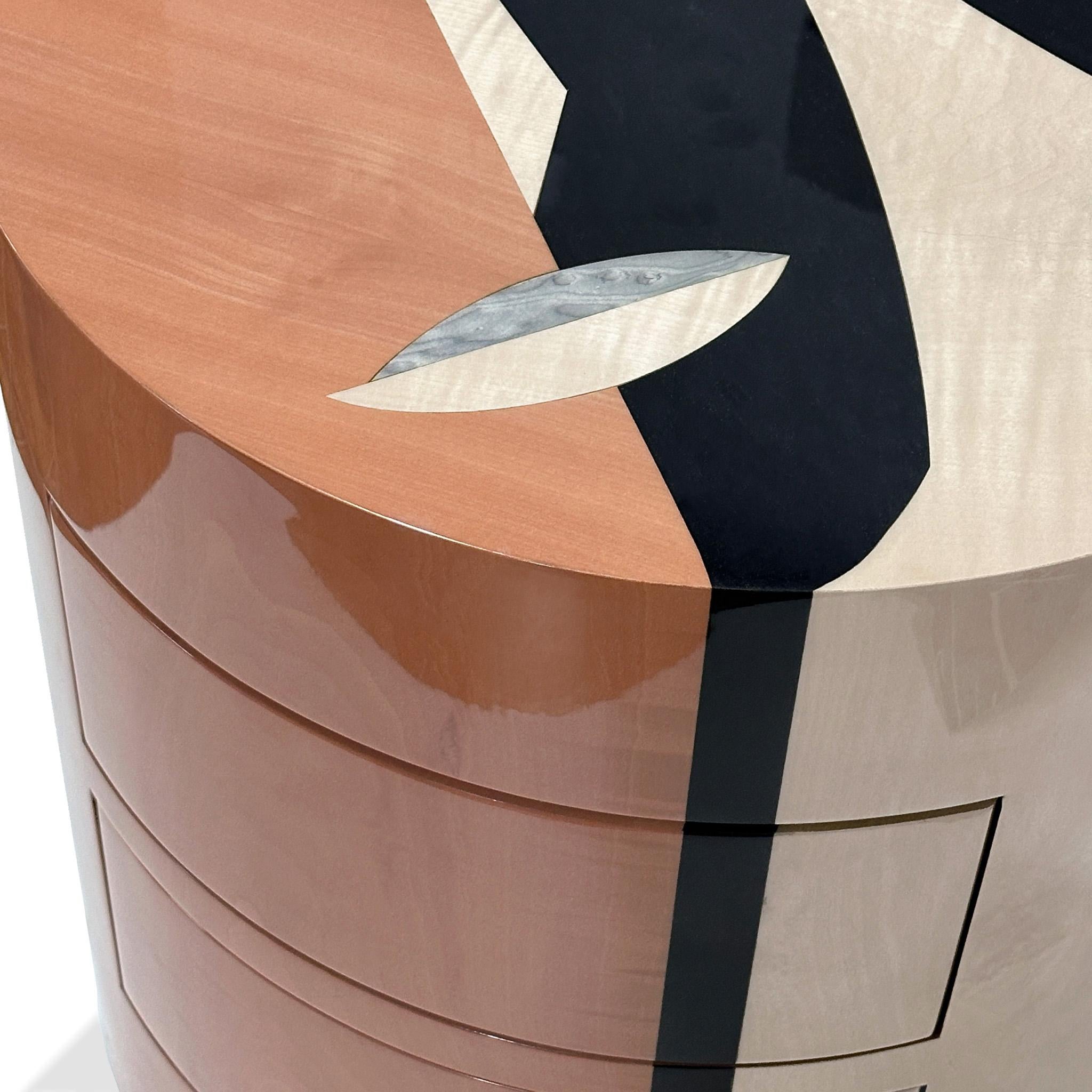 Hand-Crafted Mid-Century Modern Round Bedside Table Pink 2 Drawers Geometric Pattern Wood For Sale