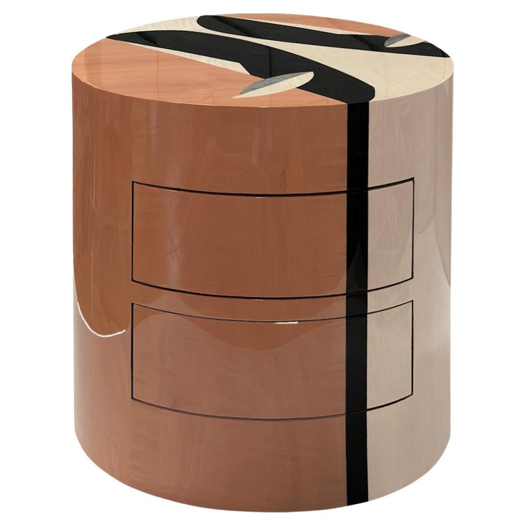 Mid-Century Modern Round Bedside Table Pink 2 Drawers Geometric Pattern Wood For Sale