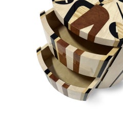 Mid-Century Modern Round Beige & Brown Bedside Table Wood Nightstand 2 Drawer