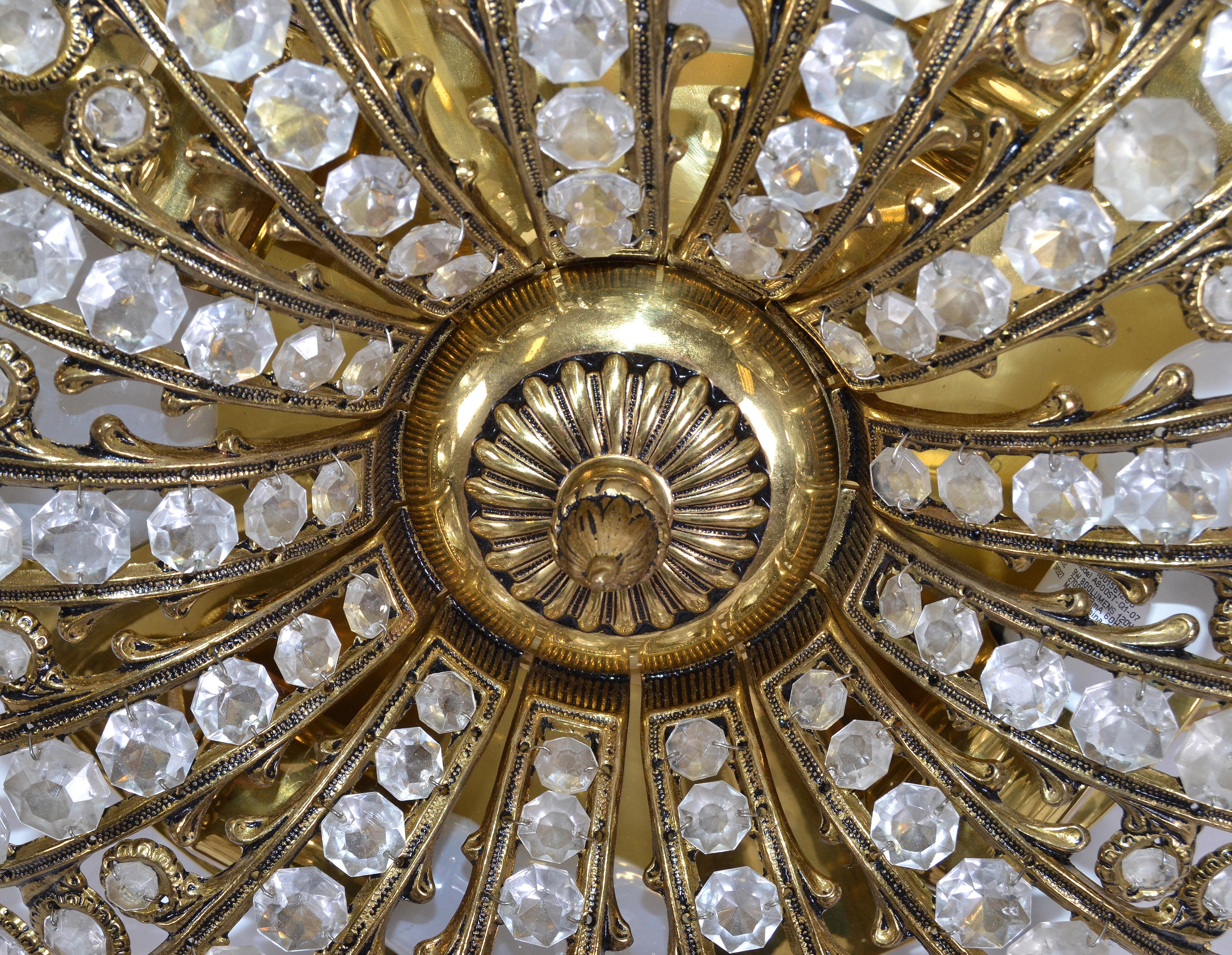 French Mid-Century Modern Round Brass & Crystal Flush Mount, Ceiling Light Fixture 1965