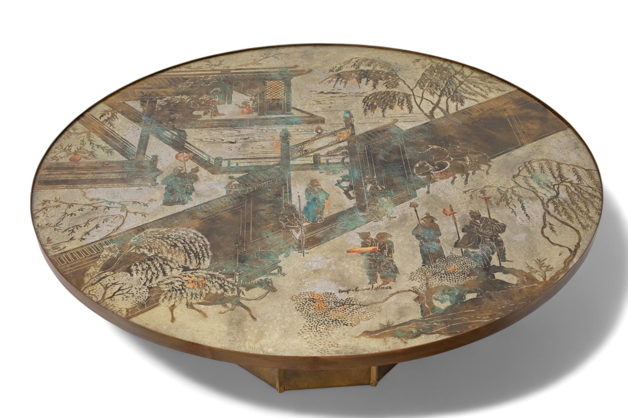 Mid-Century Modern round chinoiserie coffee table 
by Philip and Kelvin LaVerne
USA circa 1960
