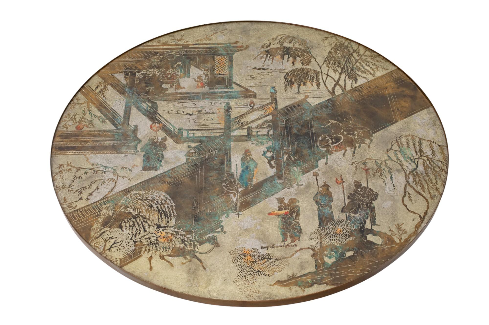 American Mid-Century Modern Round Chinoiserie Coffee Table by Philip and Kelvin LaVerne