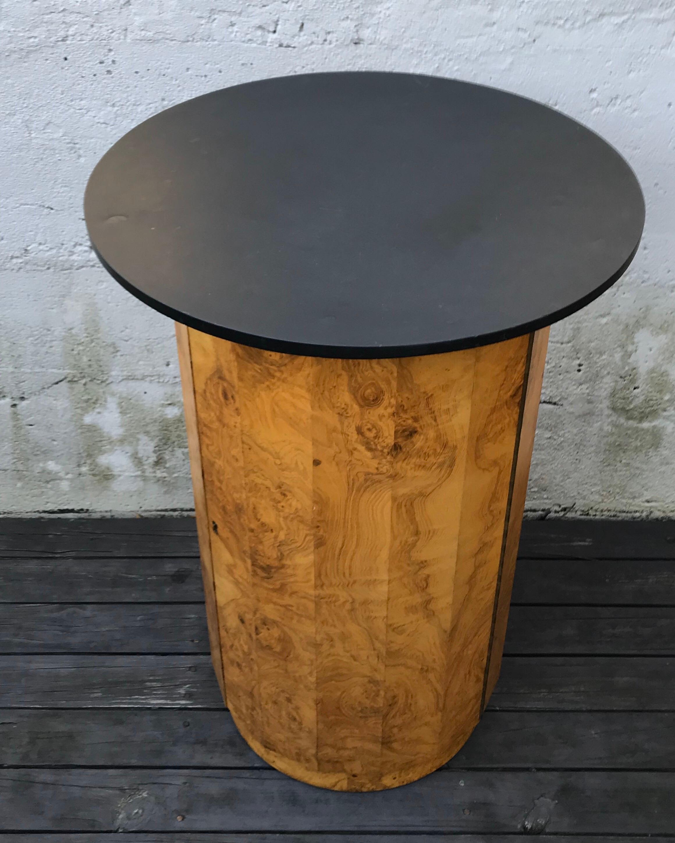 Beautiful olive burl wood pedestal cocktail bar with hinged door and adjustable interior cabinet by Edward Wormley for Dunbar, 1960s. Metal Dunbar label, missing D key.
