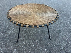Mid-Century Modern Round Coffee Table with Wicker Top and Metal Frame