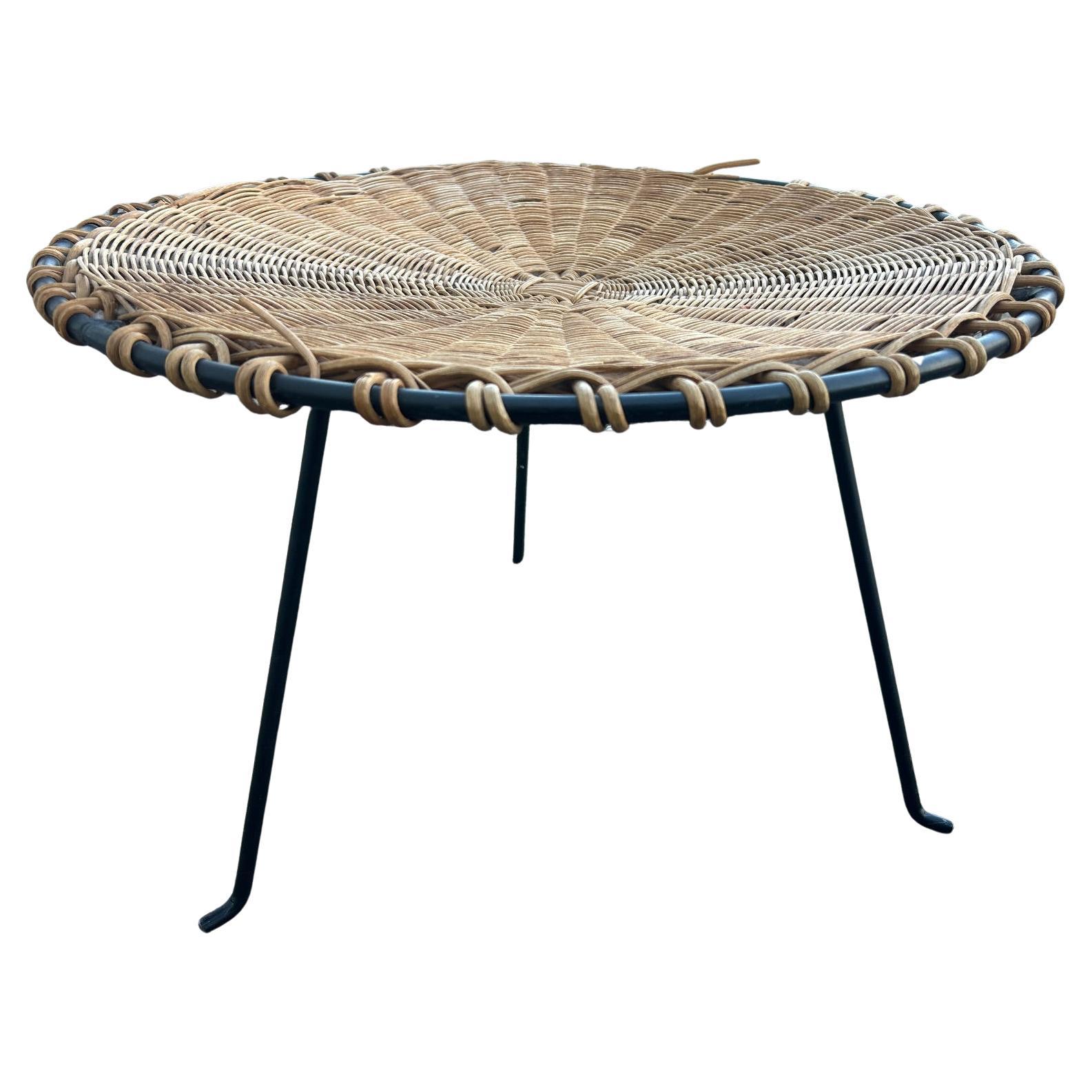 Mid-Century Modern Round Coffee Table with Wicker Top and Metal Frame