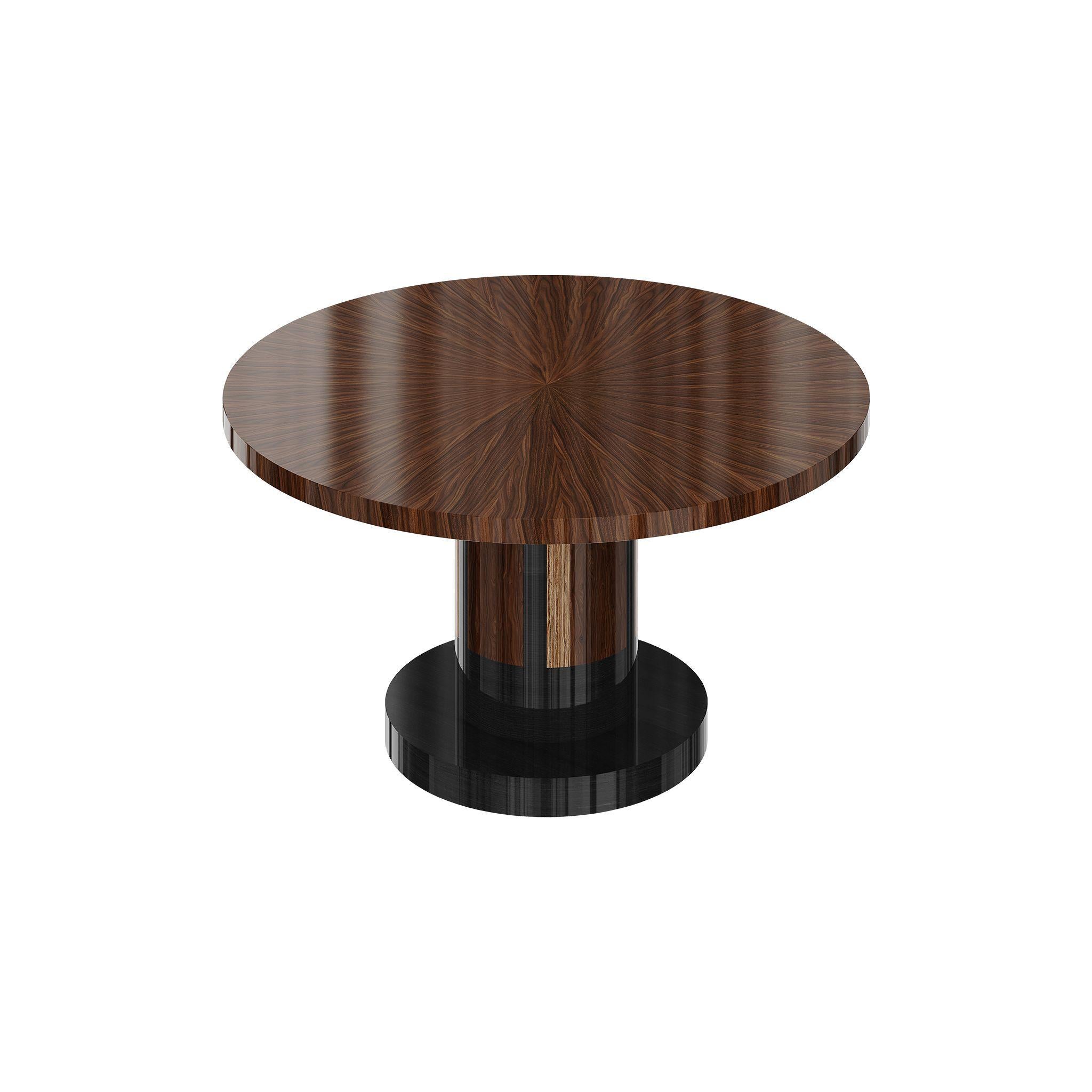 Portugais Table de salle à manger ronde mi-siècle moderne avec piédestal en marqueterie de bois foncé en vente