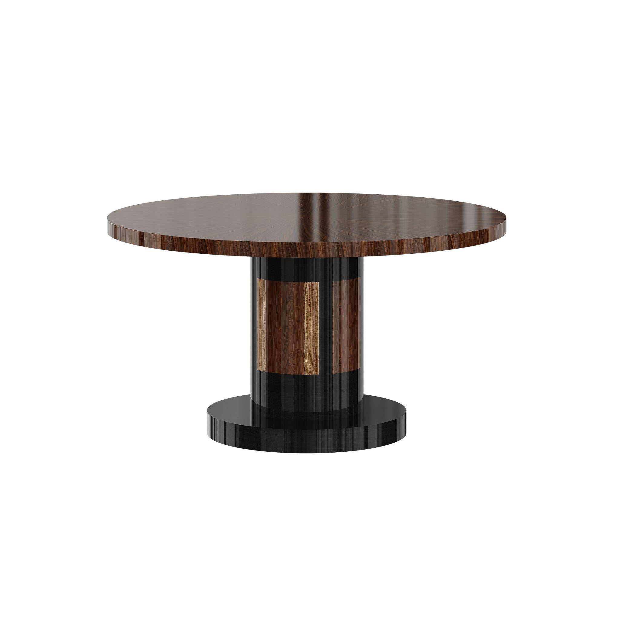 Fait main Table de salle à manger ronde mi-siècle moderne avec piédestal en marqueterie de bois foncé en vente