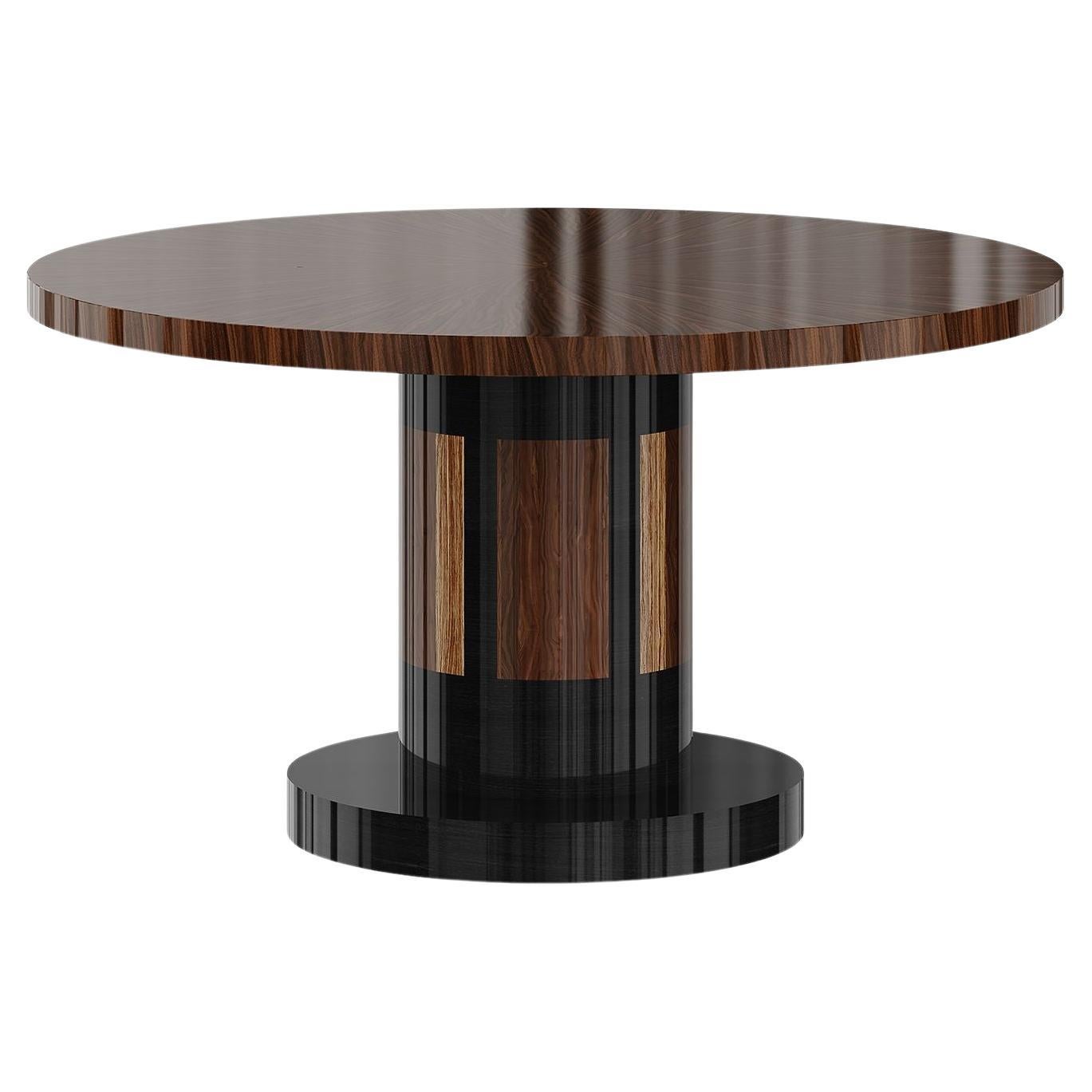 Mid-Century Modern Round Dining Table Dark Wood Marquetry Pedestal Table