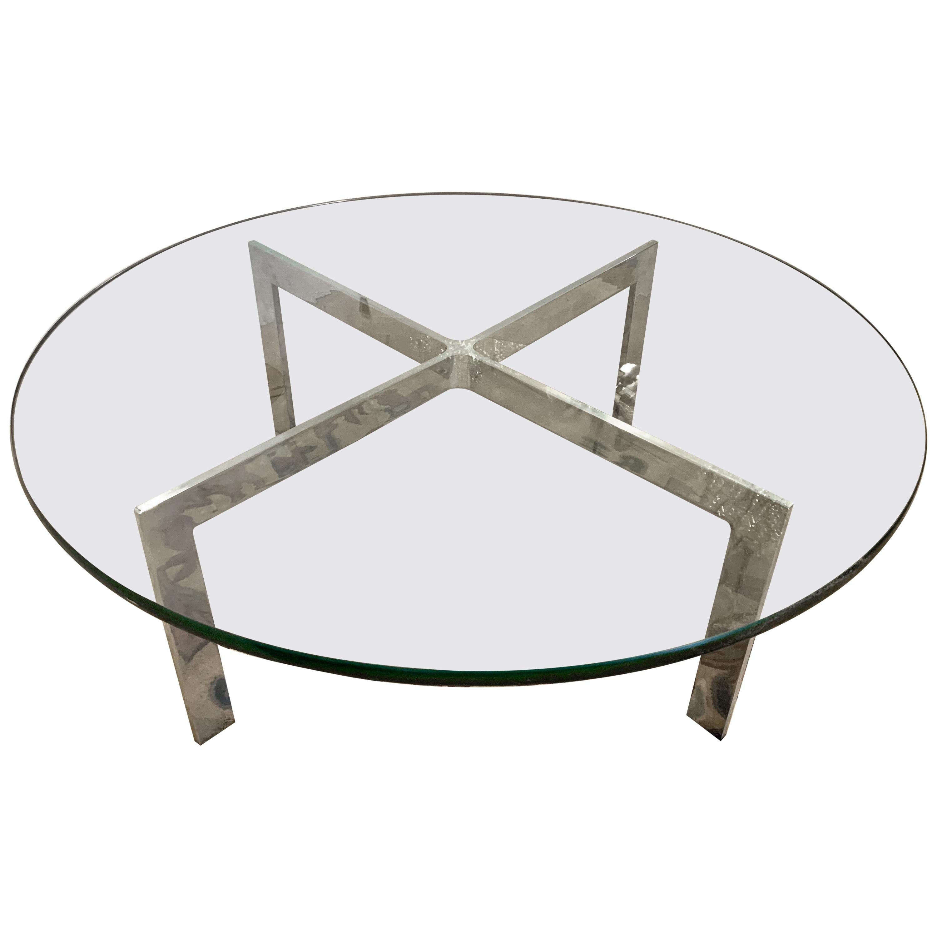 Mid-Century Modern Round Glass and Chrome Barcelona Cocktail Coffee Table