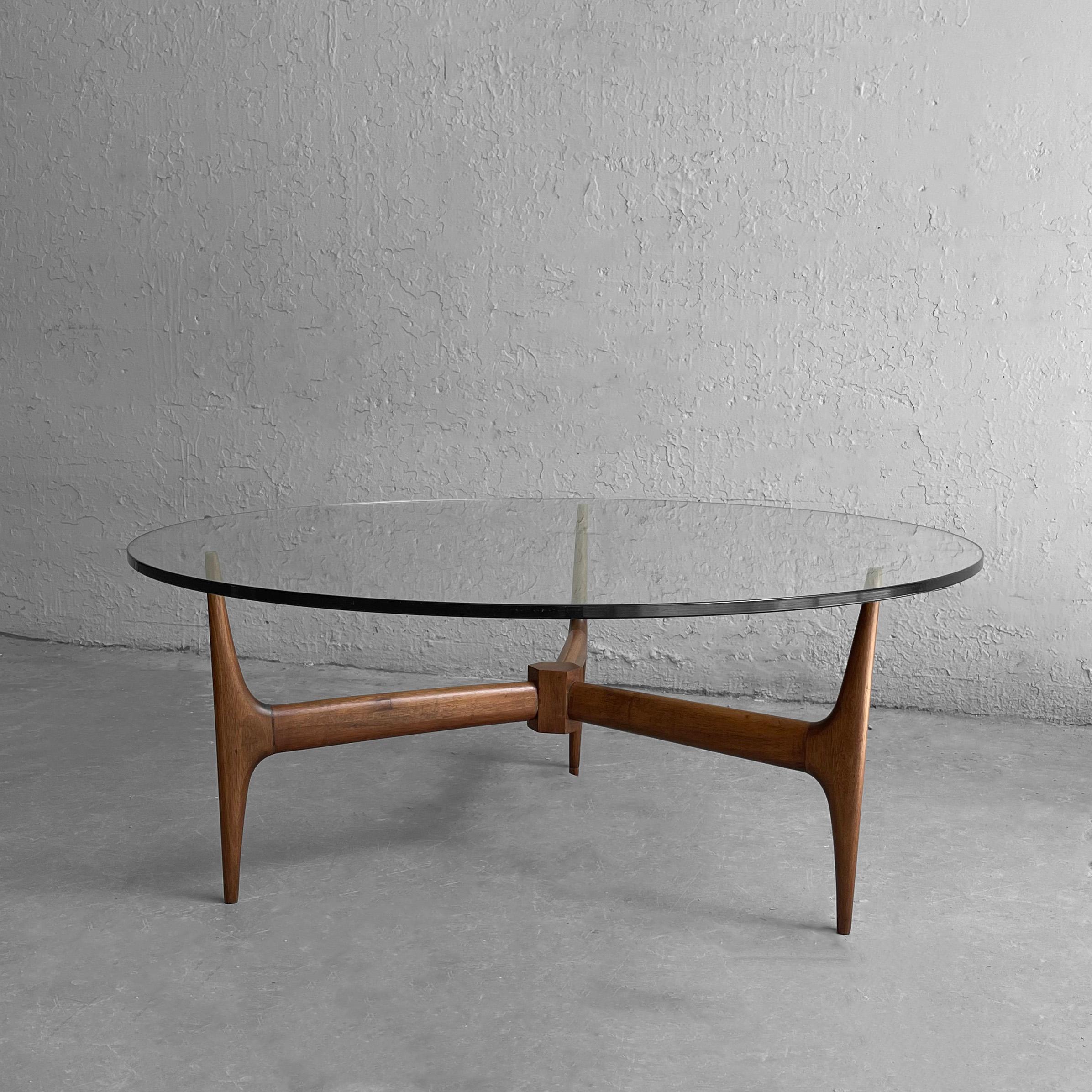 American Mid-Century Modern Round Glass Coffee Table Walnut Base