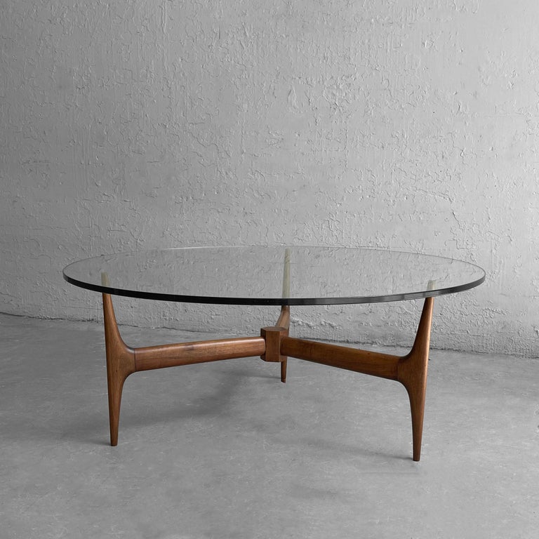 MidCentury Modern Round Glass Coffee Table Walnut Base For Sale at 1stDibs