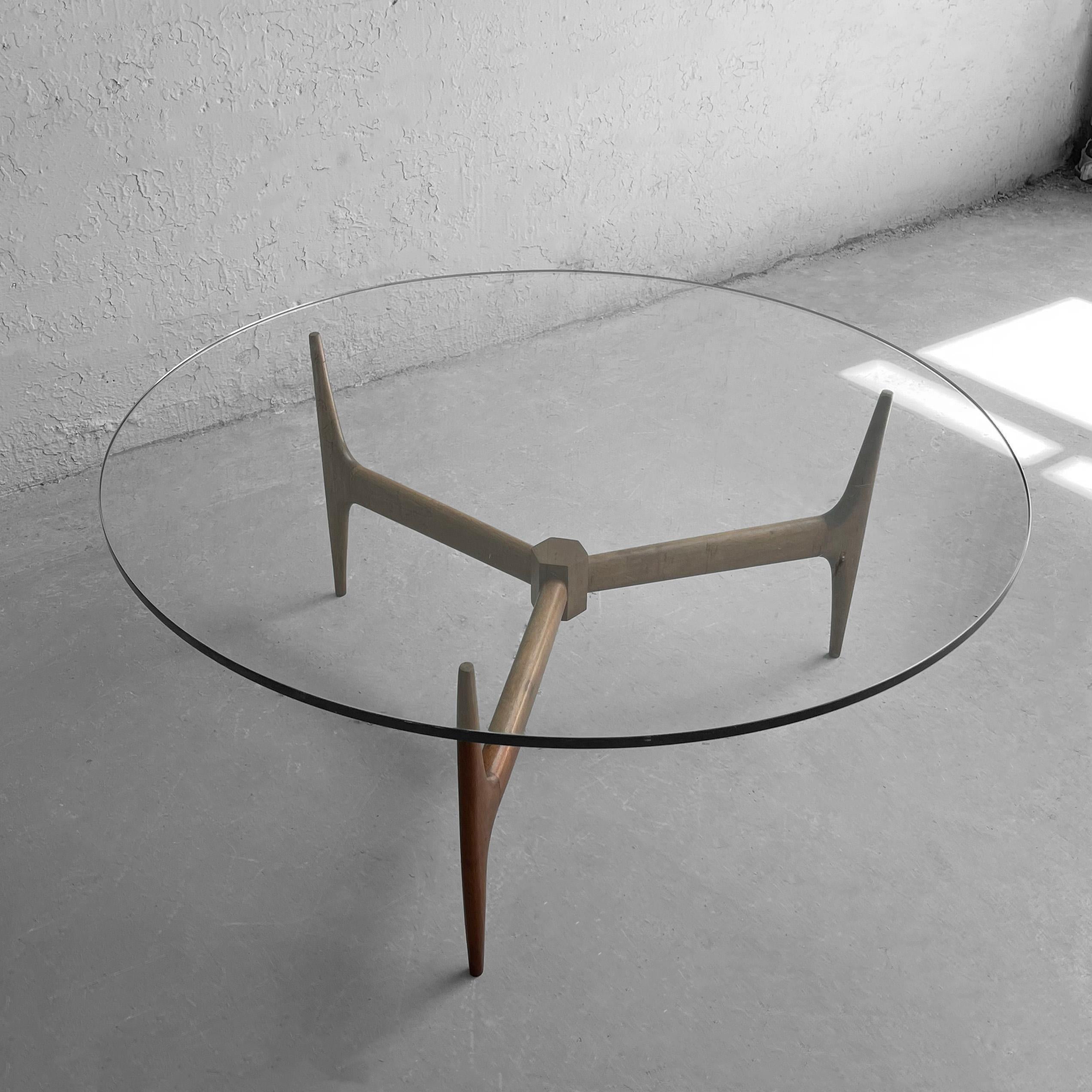 Mid-Century Modern Round Glass Coffee Table Walnut Base In Good Condition In Brooklyn, NY