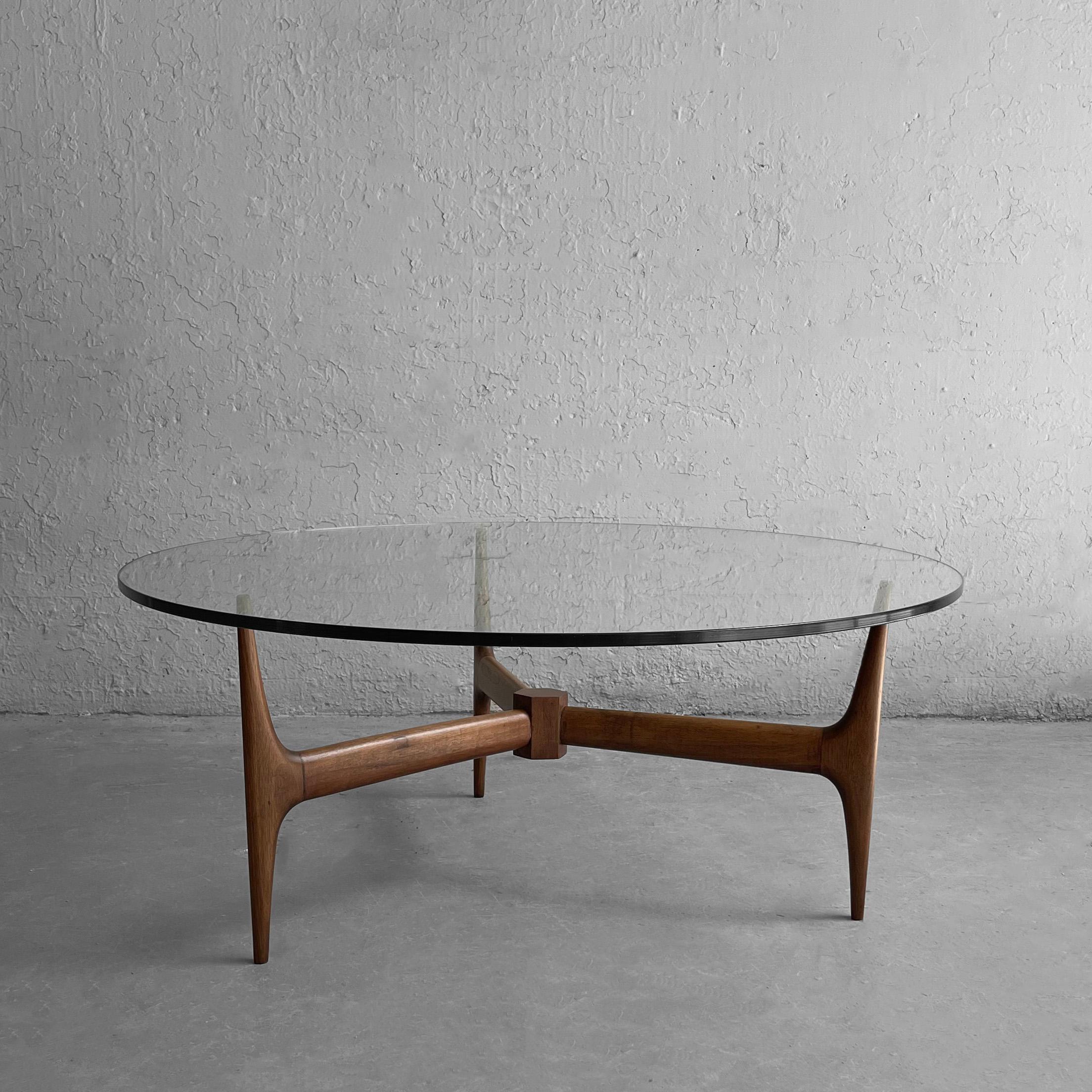 Mid-Century Modern Round Glass Coffee Table Walnut Base 1