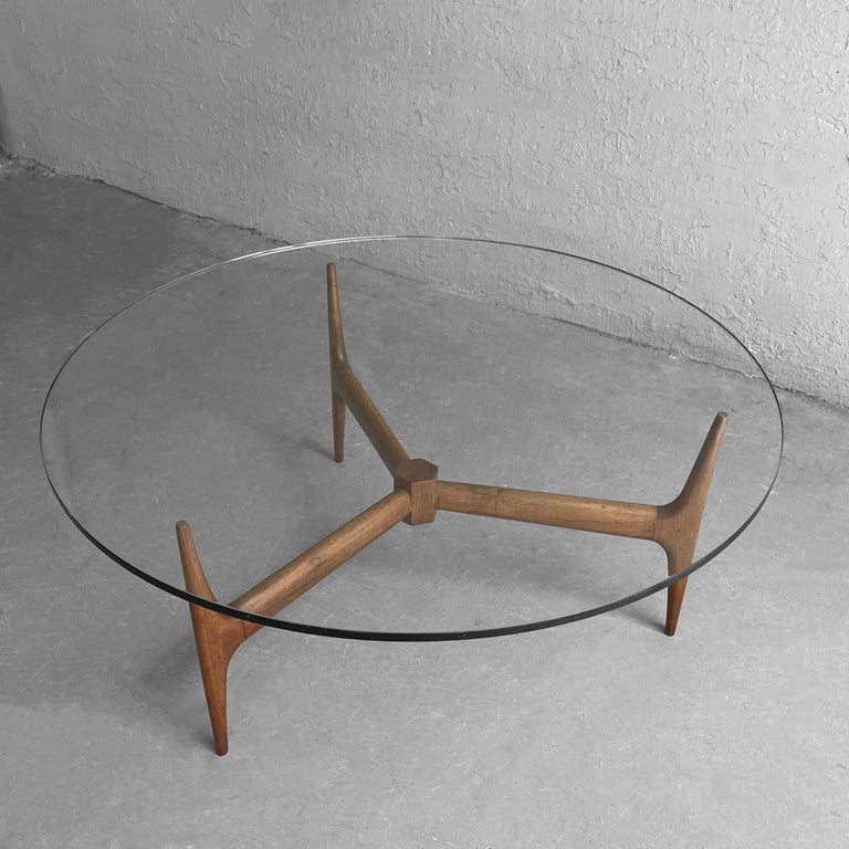 MidCentury Modern Round Glass Coffee Table Walnut Base For Sale at 1stDibs