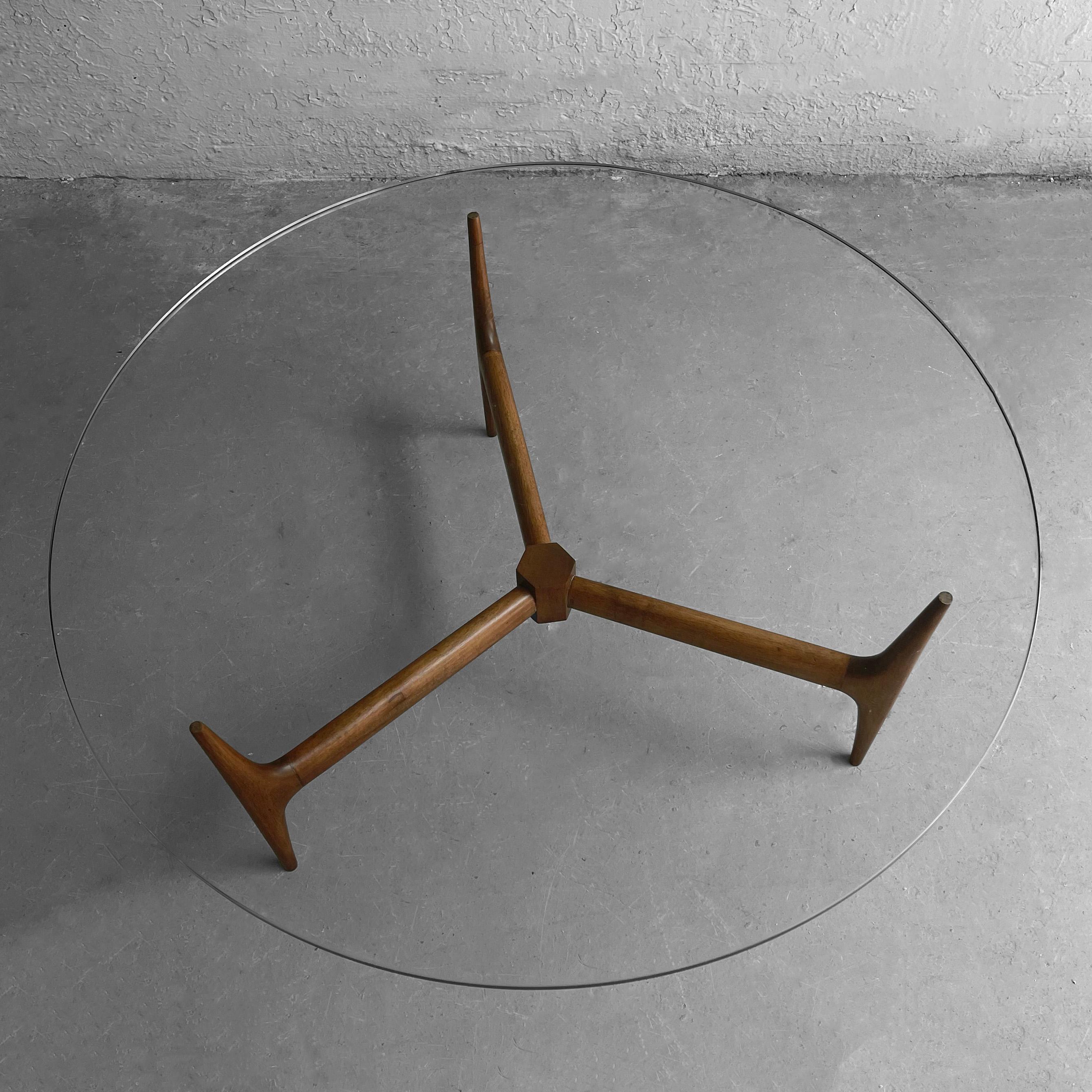 Mid-Century Modern Round Glass Coffee Table Walnut Base 3
