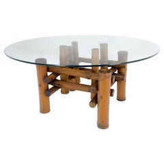 Table basse ronde mi-siècle moderne avec plateau en verre de diamètre épais et base en bambou MINT
