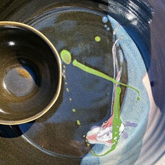 Mid-Century Modern Round Glazed Black Chip and Dip Serving Bowl, Signed