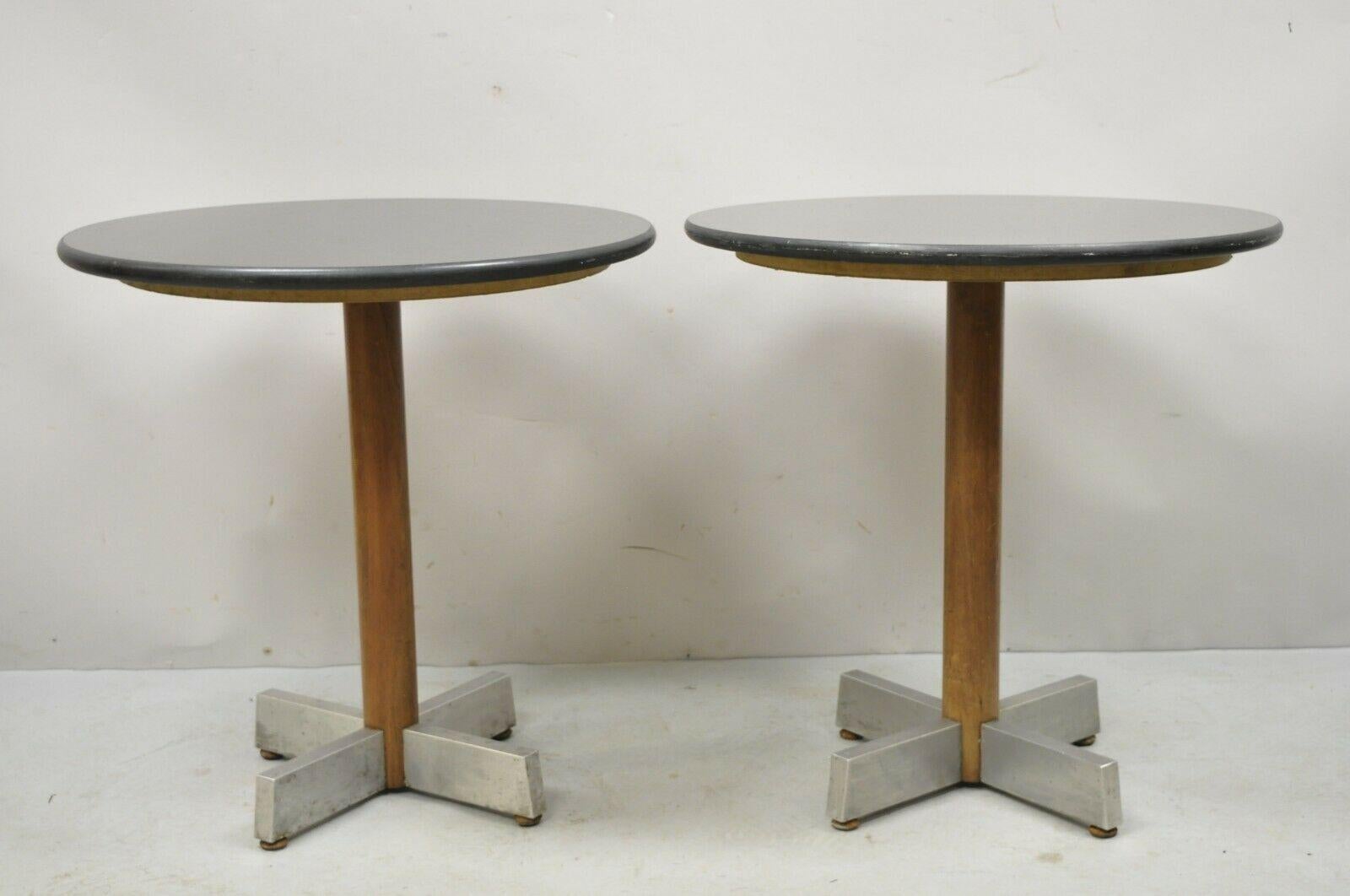 Mid Century Modern Round Granite Top Metal Star Base Side Tables - a Pair. Item features round granite stone tops, wooden pedestal shafts, brushed aluminum star form base, heavy construction, clean modernist lines, great style and form. Circa Late